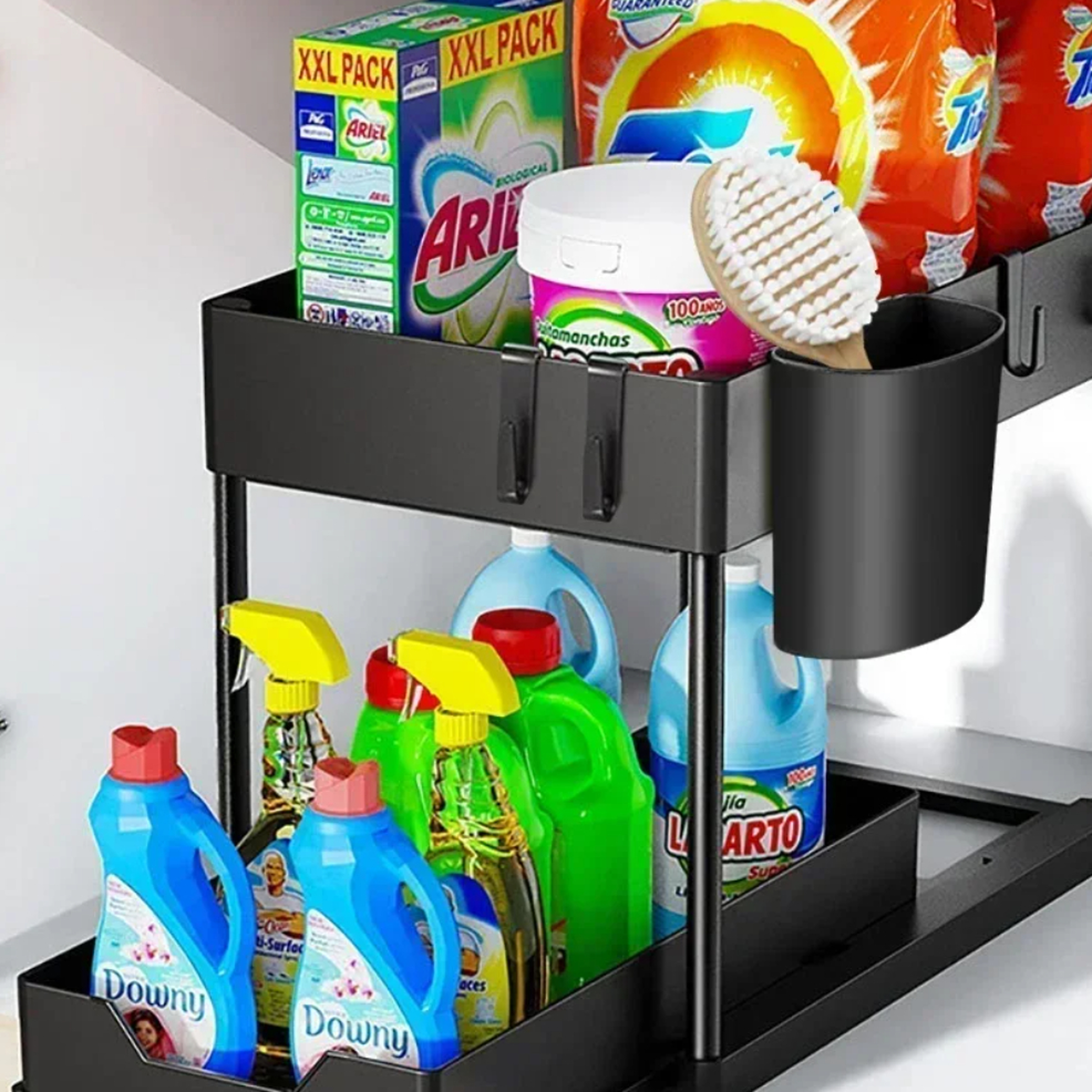 Under Sink Organizer, Sliding Cabinet Basket Organizer, Storage Rack with Hooks, Hanging Cup Bathroom Kitchen Organizer – view 3