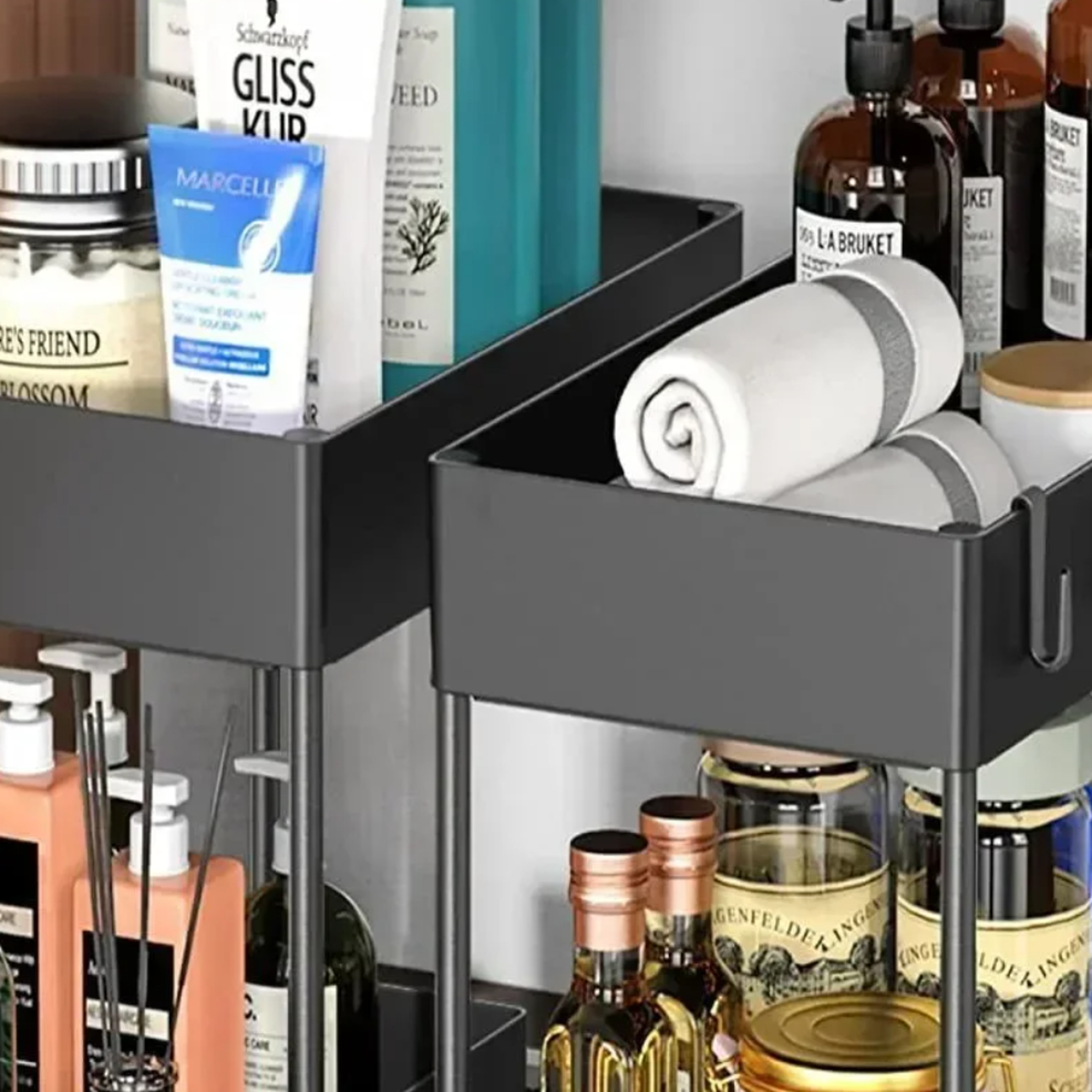 Under Sink Organizer, Sliding Cabinet Basket Organizer, Storage Rack with Hooks, Hanging Cup Bathroom Kitchen Organizer – view 4
