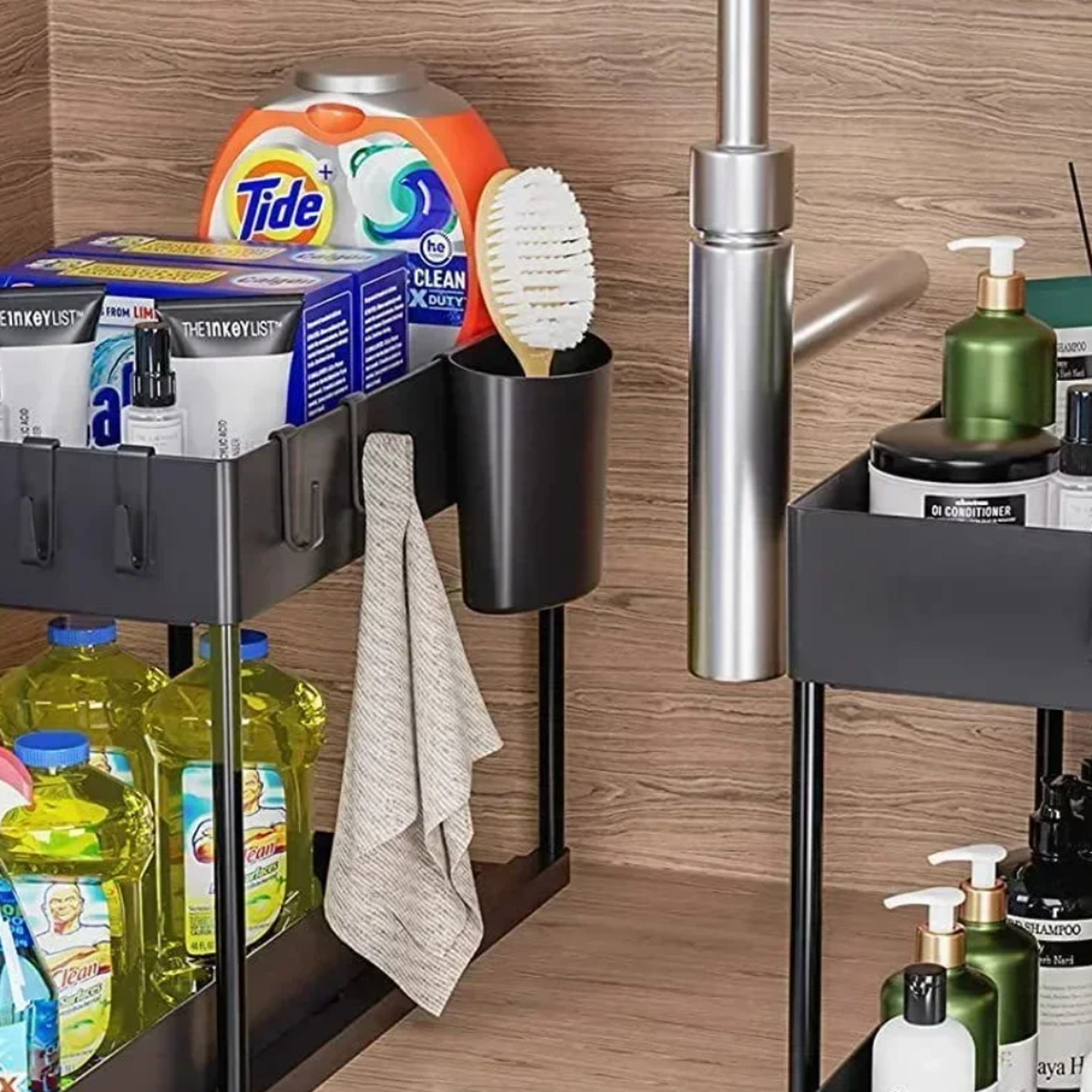 Under Sink Organizer, Sliding Cabinet Basket Organizer, Storage Rack with Hooks, Hanging Cup Bathroom Kitchen Organizer – view 5