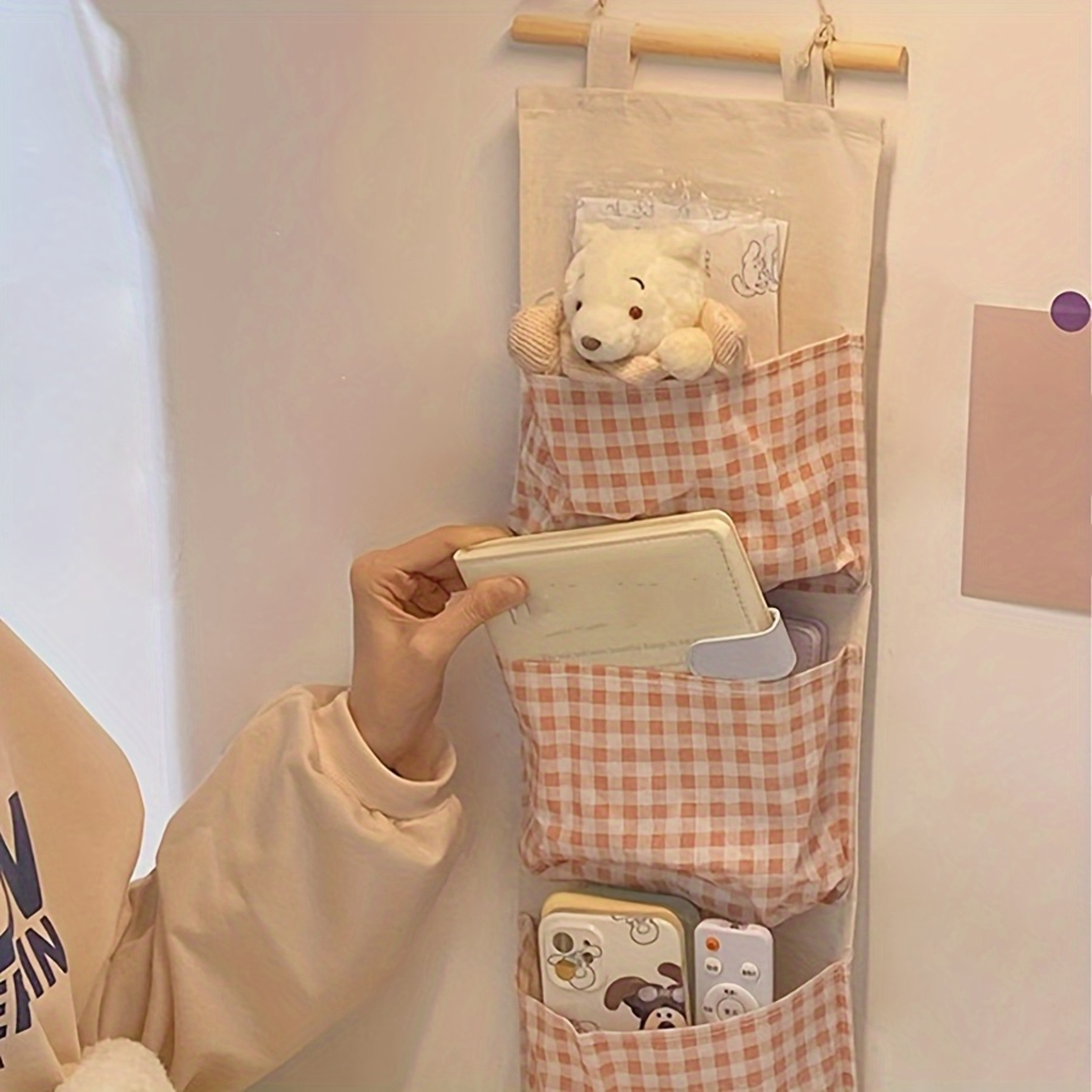 Multi pocket Hanging Pink Checkered Storage Bag, Fabric Hanging Bag, Cute Pink Space Saving Bedroom Organizers Storage – view 3
