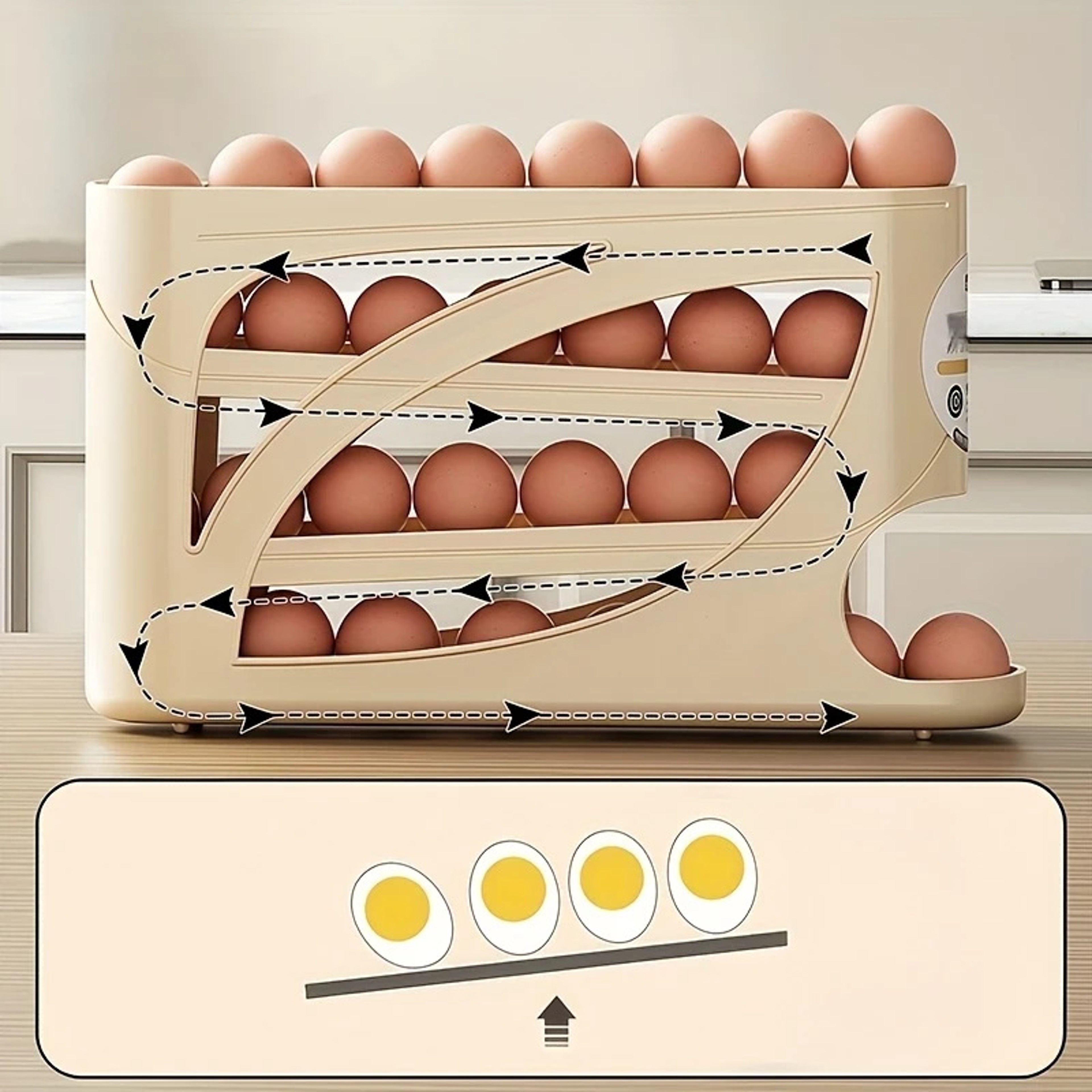 3 Tier Rolling Egg Storage Container for Refrigerator, Holds Eggs Organizer Rack, Large Capacity Kitchen Fridge Box – view 3
