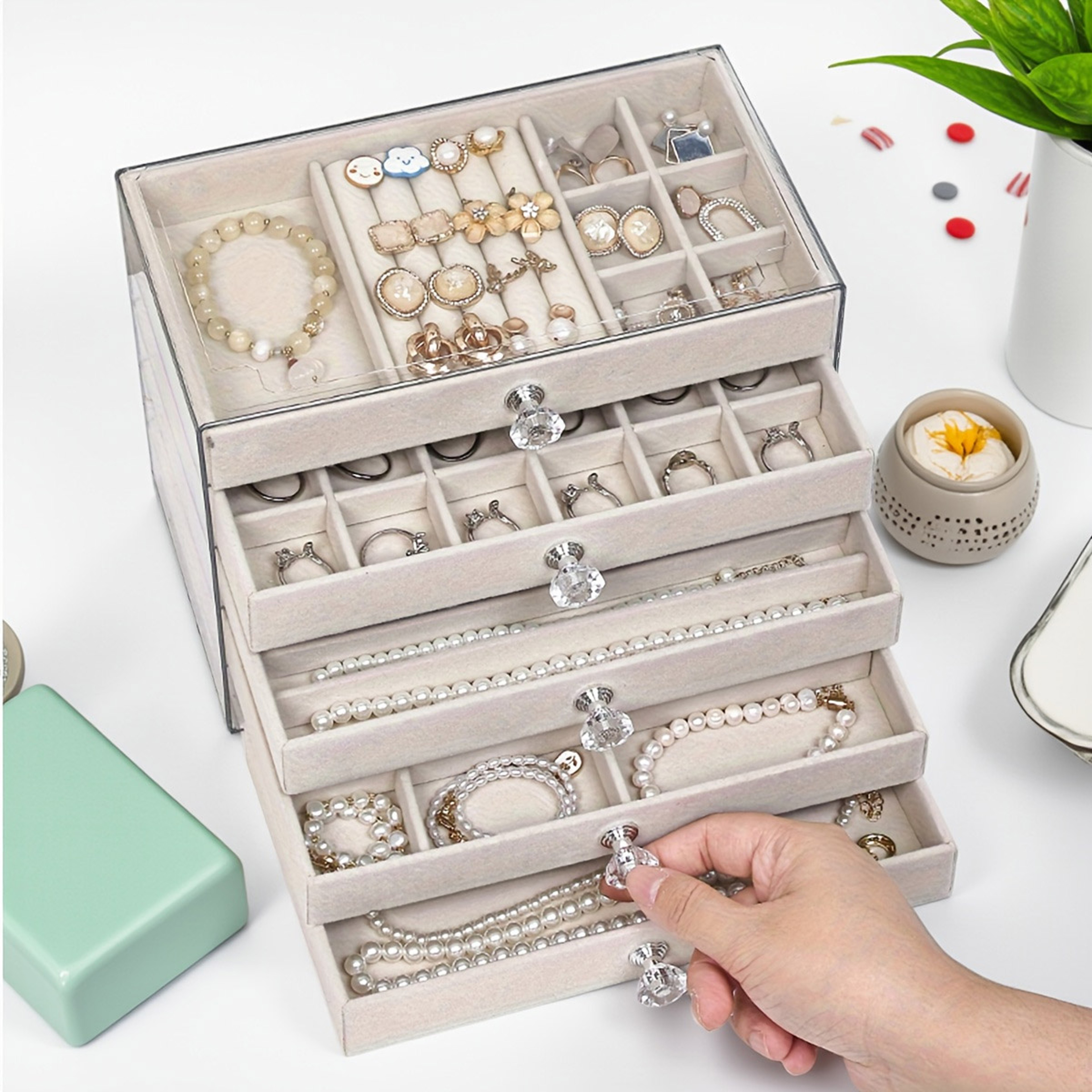 Elegant jewelry display box, 5-layer jewelry box, velvet drawer tray, transparent jewelry storage box for home decor – view 2