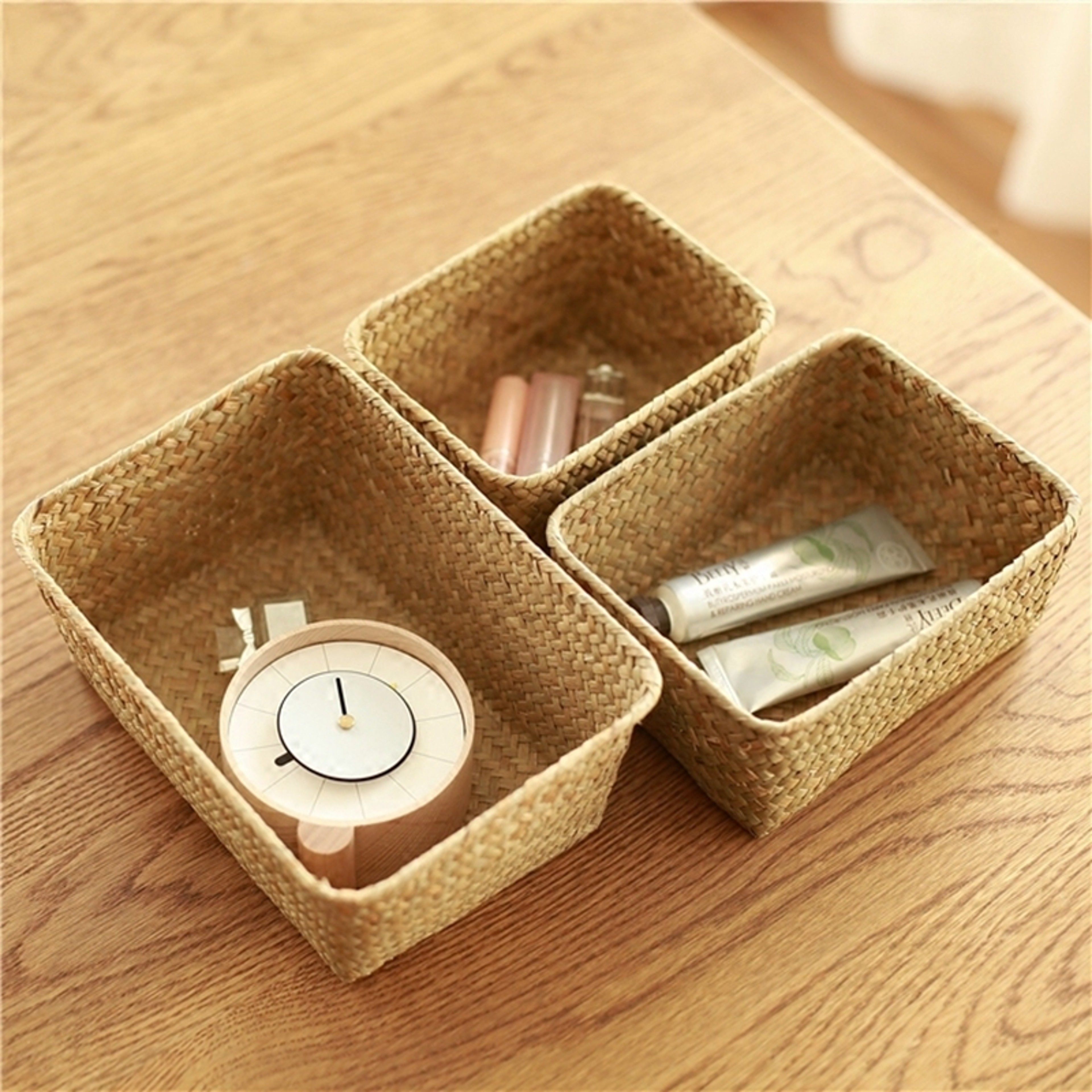 Woven Seagrass Wicker Storage Basket Rectangular Straw Rattan Basket Multipurpose Fruit Cosmetic Su 3