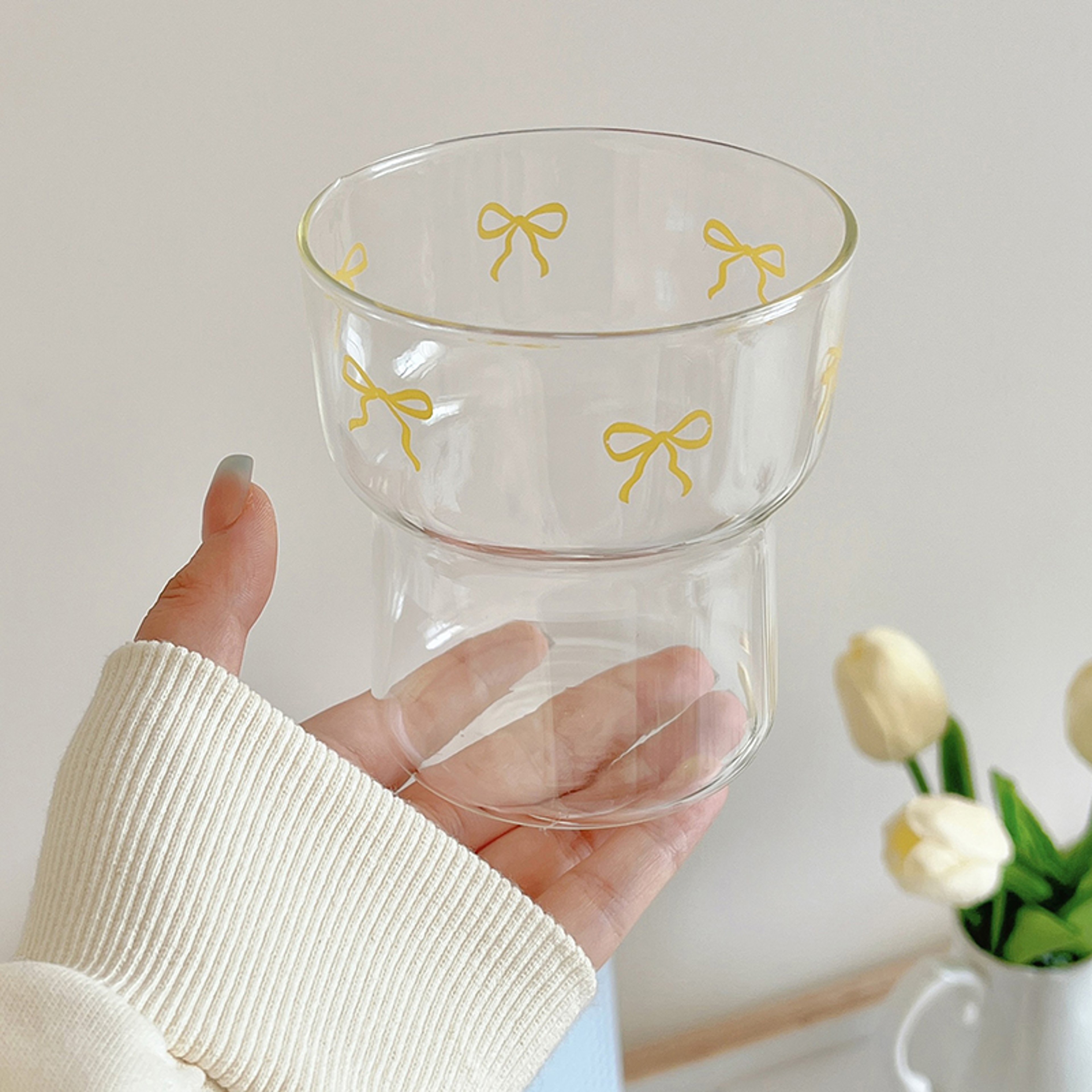 Style Bow Milk Glass Cup, Breakfast Juice Latte Coffee Cup, Couple Lover Girls Bow Pattern Glasses, Drink Cup Outdoor – view 7