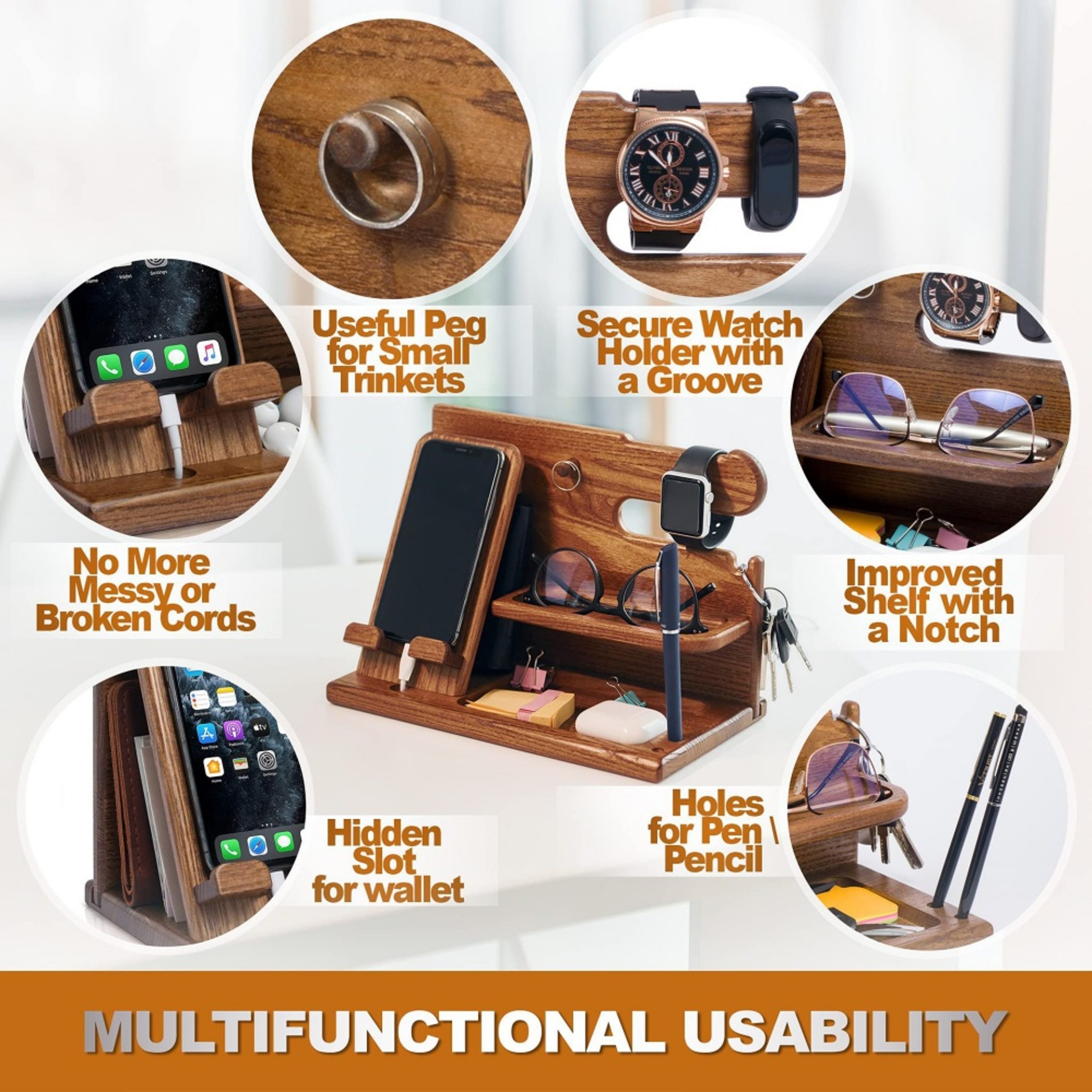 Wooden Desk Organizer, Phone Holder, Keys, Wallet, Glasses, Watch Stand, Office Desktop, Bedside Organizer, Jewelry – view 3