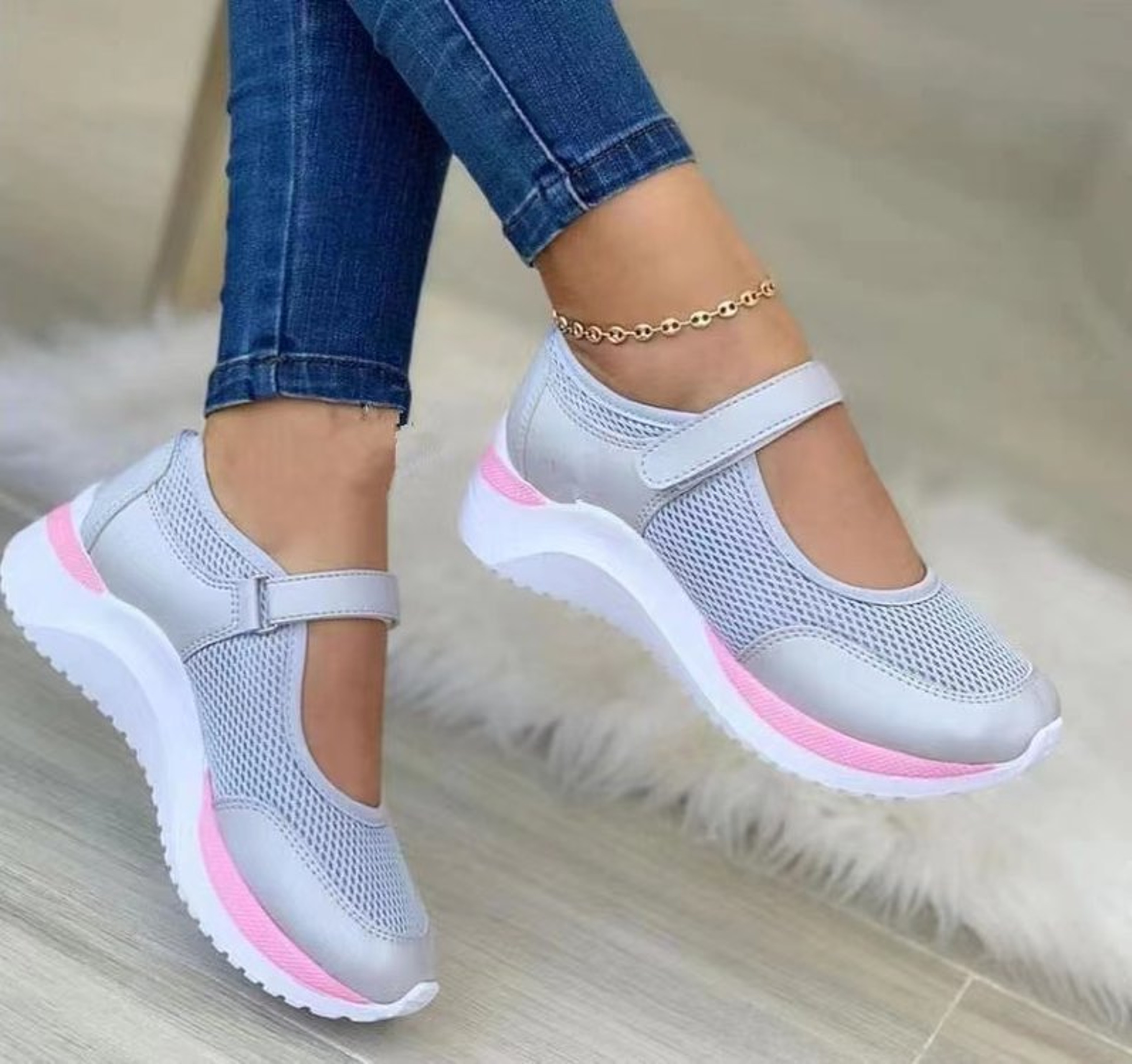 Round Head Knitted Womens Sneakers Thick Sole Single Shoes Casual Grid Shoes Large Size Comfortable 6