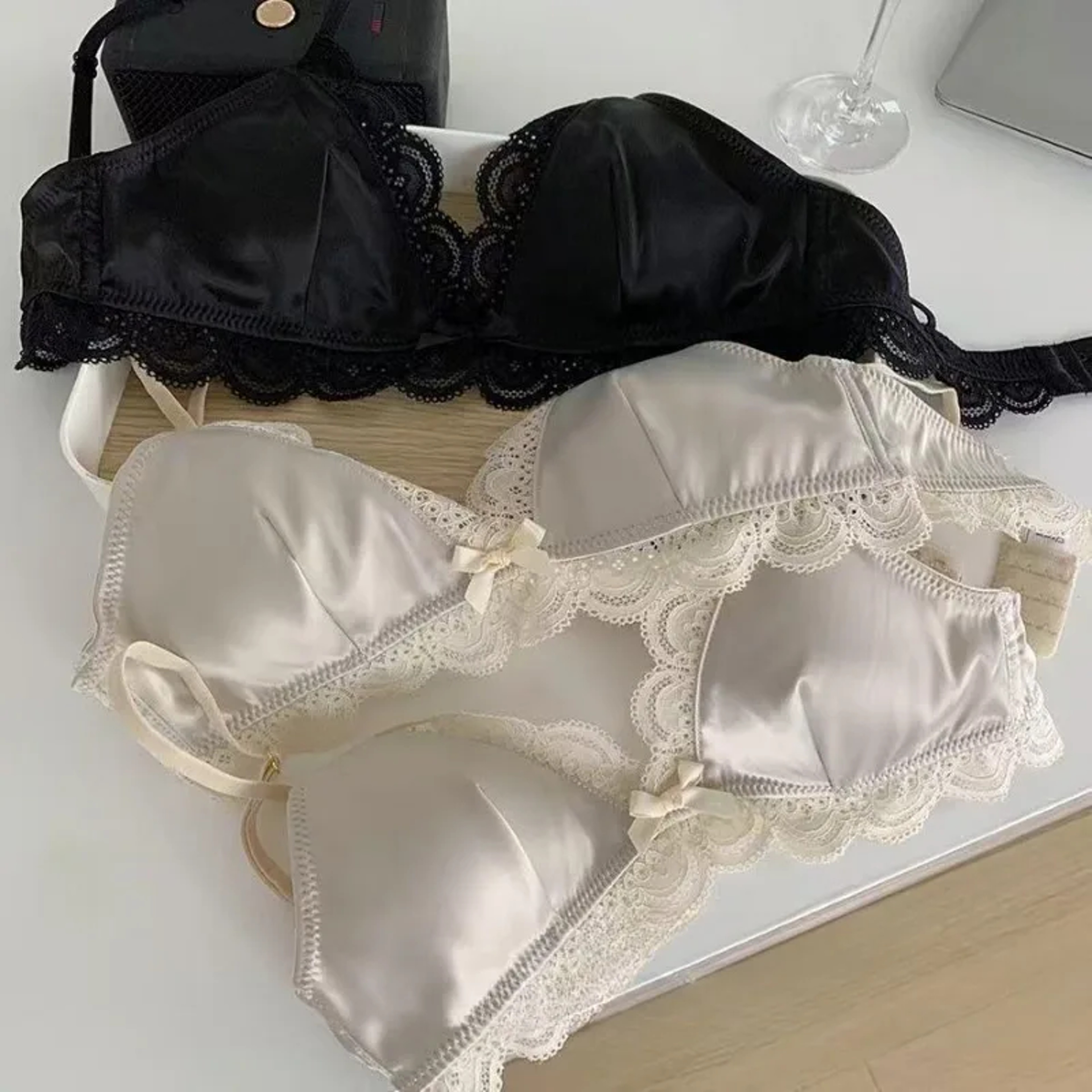 Triangle Cup Bow Lace Bra for Women, Small Chest Satin Underwear, Sweet Girl Breathable Comfortable Soft Bra Lingerie – view 1