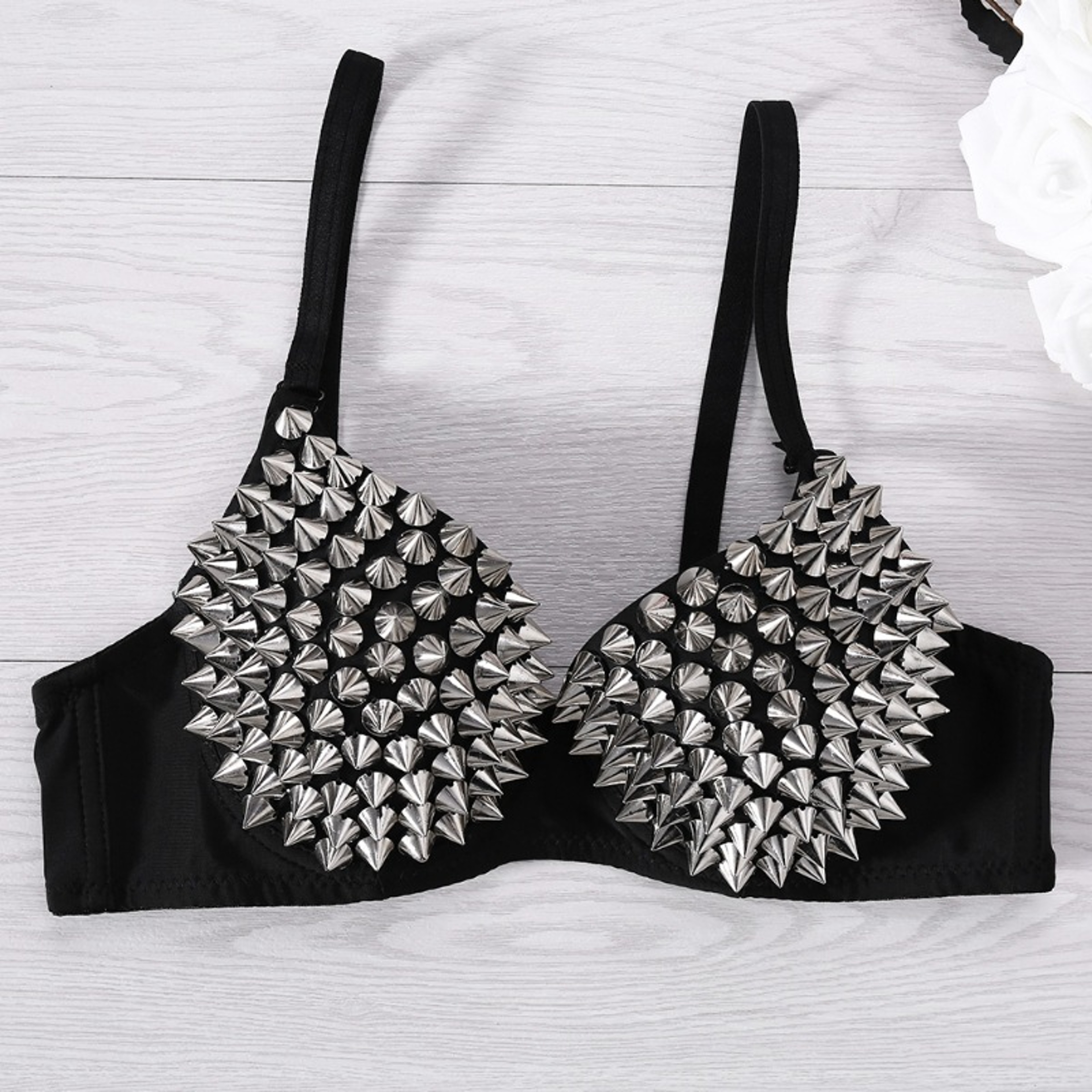 Silver Rivets Punk Rave Bralette Lingerie, Gothic Bra Top, Sexy Push Up Brassiere, Nightclub Party Fashion Hot Bras – view 2