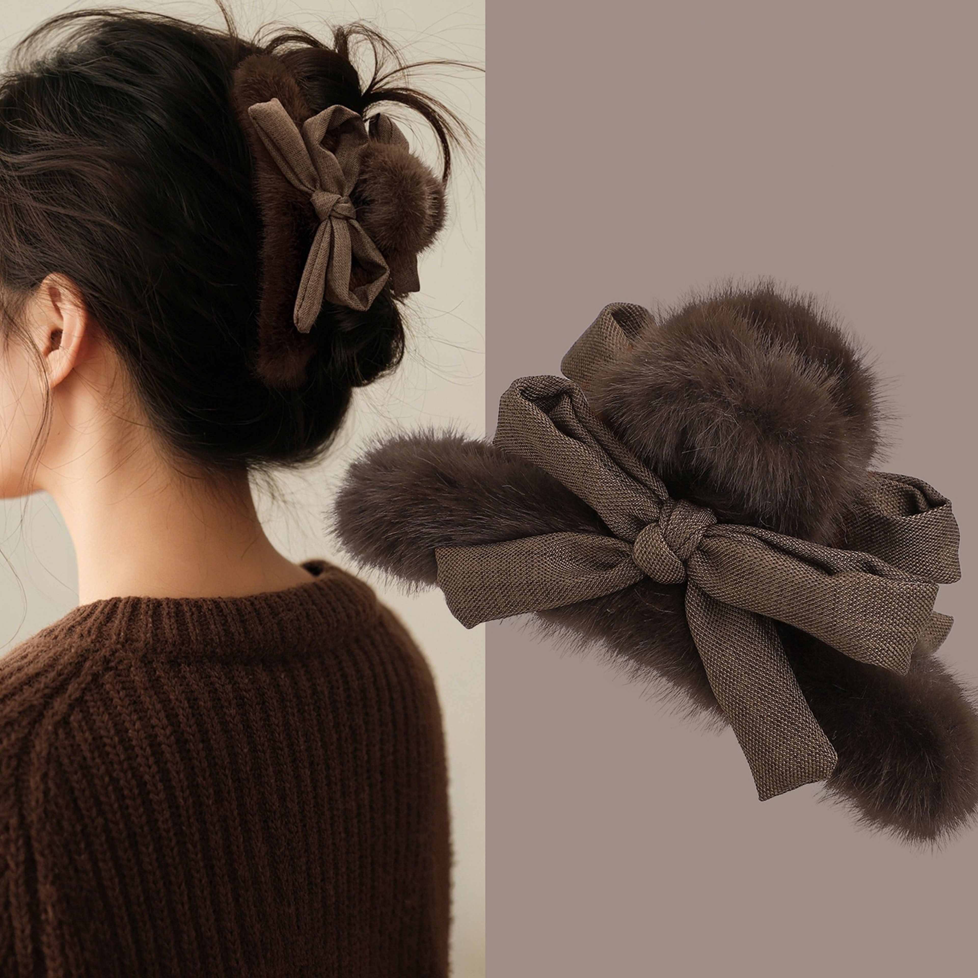 Autumn/Winter Fashion Rabbit Fur Bow Hair Clip, Women's Large Plush Shark Clip Hairpin Back Head – view 1