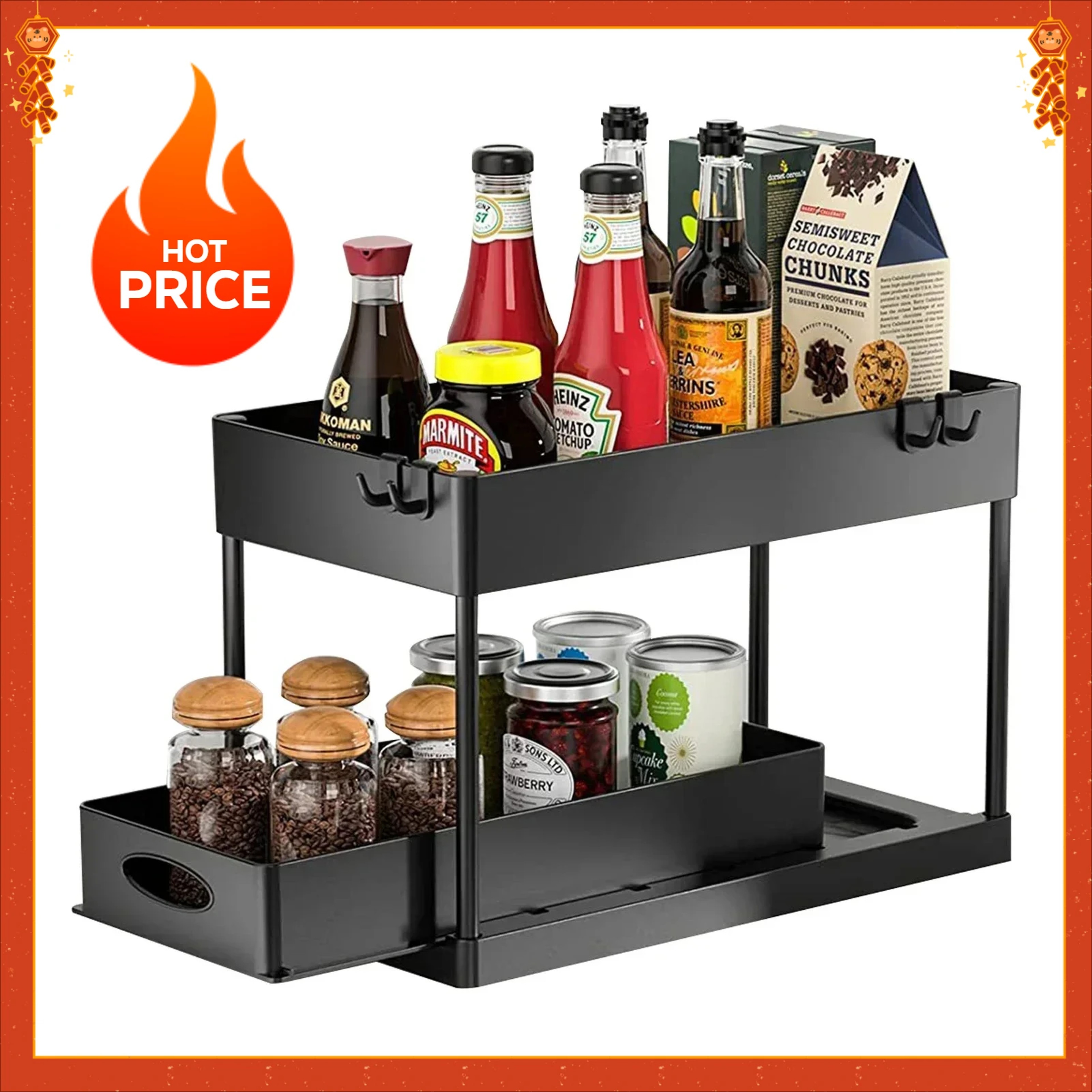2 Tier Under Sink Organizer Sliding Cabinet Organizer Storage Rack With Hooks Hanging Cup Bathroom  1