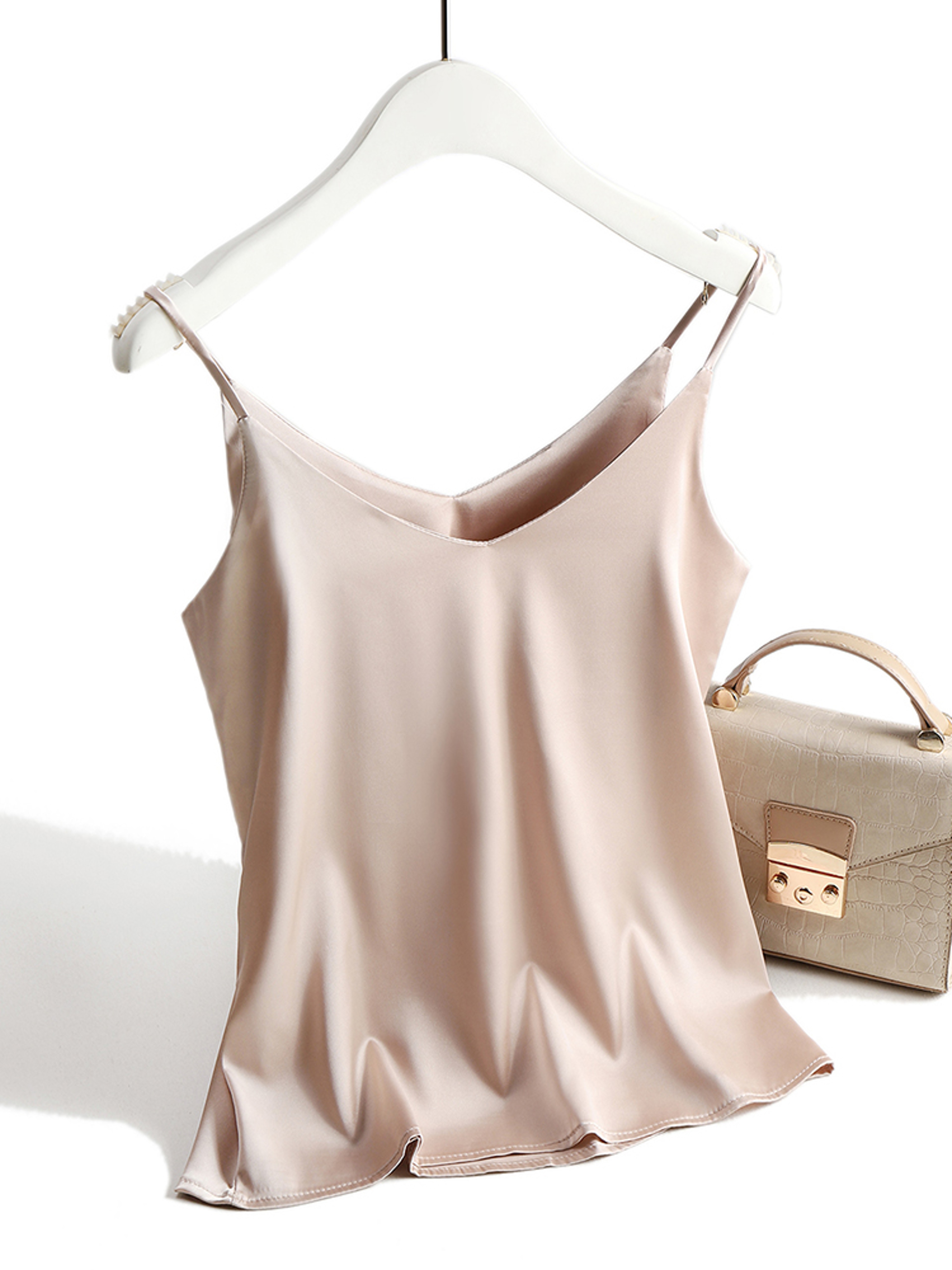 Spaghetti Strap Top Women, Halter V Neck Basic White Cami, Sleeveless Satin Silk Tank Tops, Women's Summer Camisole – view 1