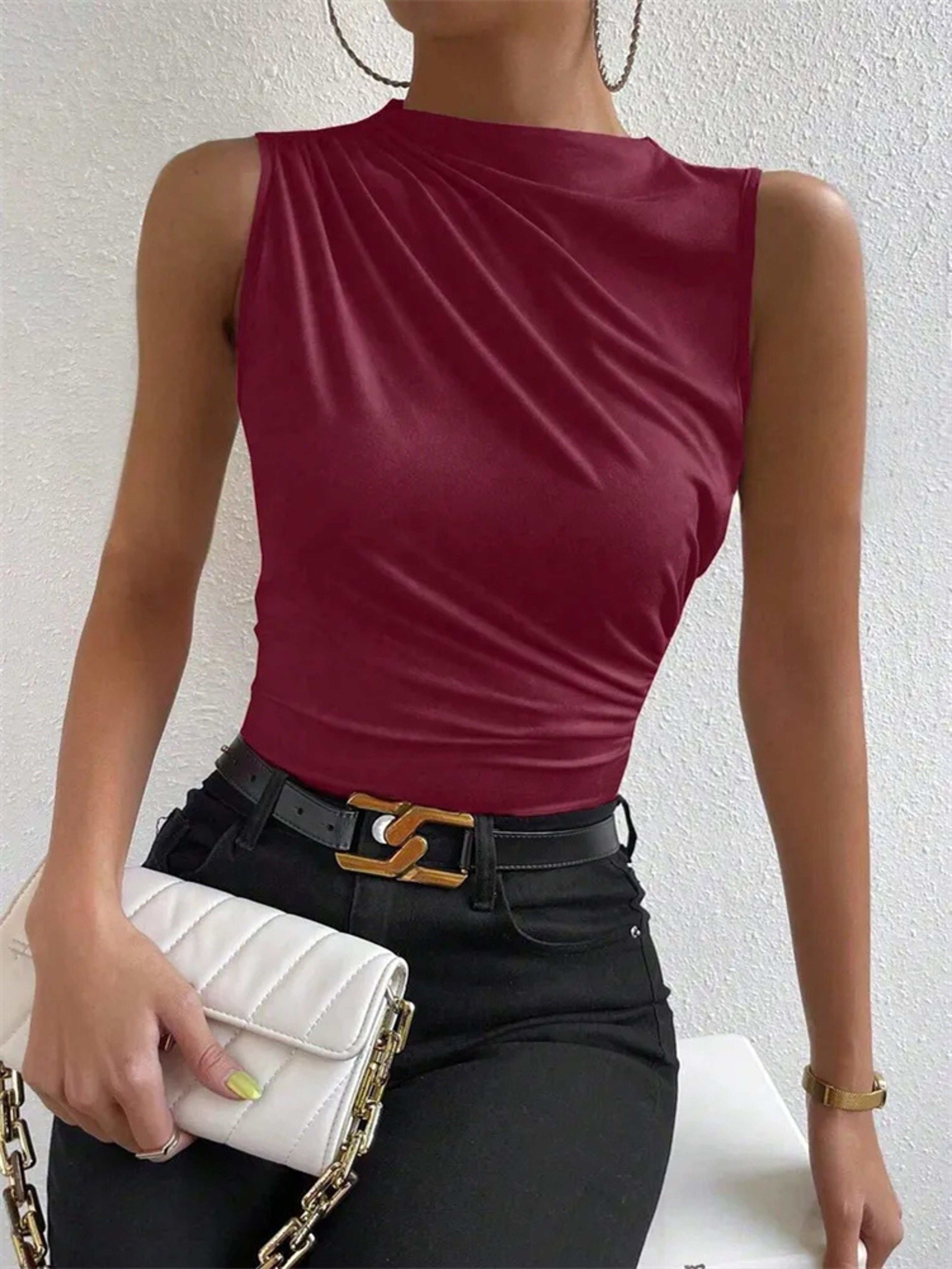 Fashion Casual Mock Neck Ruched Tank Top For Women Summer Solid Color Pleated Sleeveless Tee Shirt  6