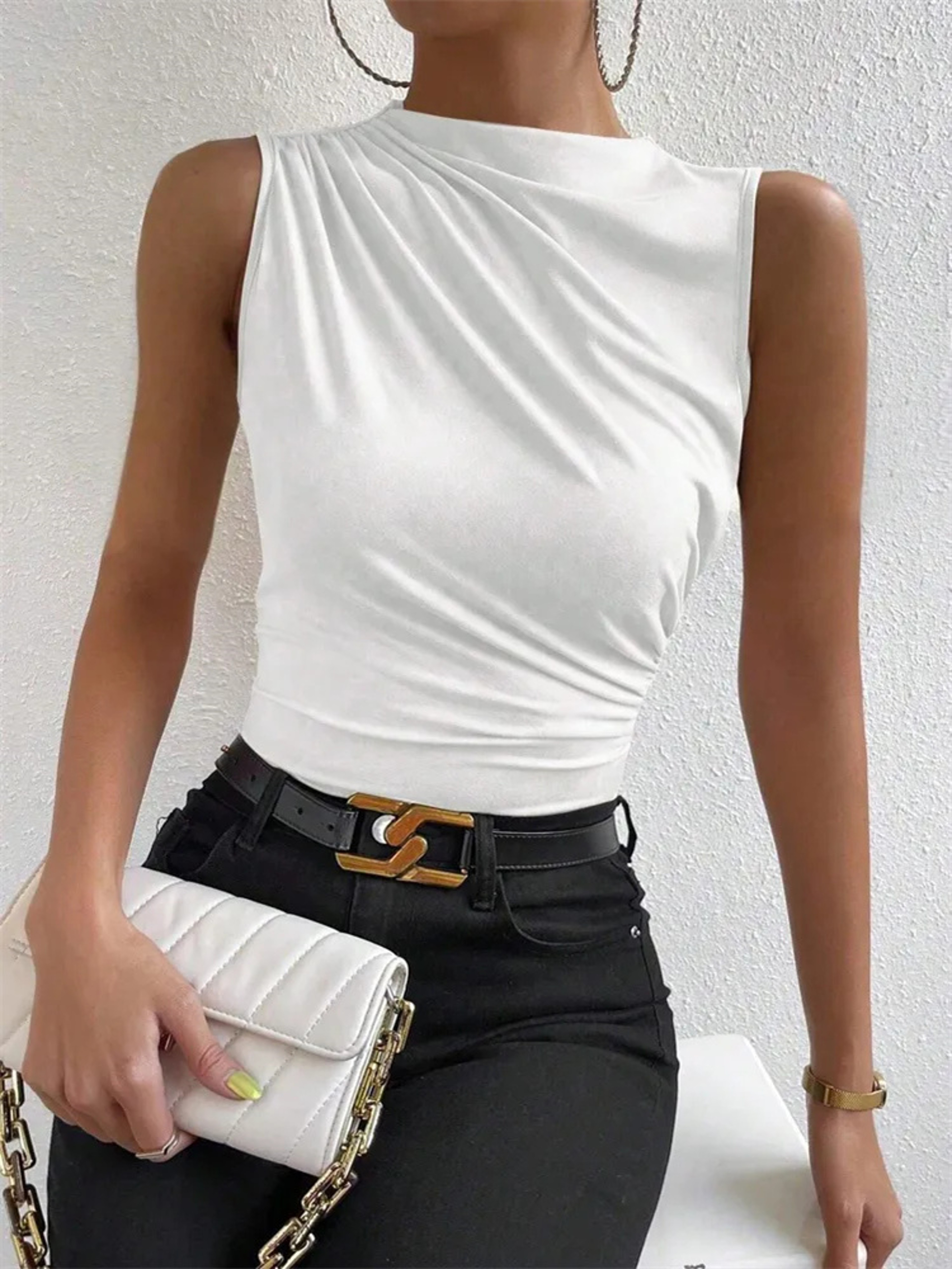 Fashion Casual Mock Neck Ruched Tank Top For Women Summer Solid Color Pleated Sleeveless Tee Shirt  8