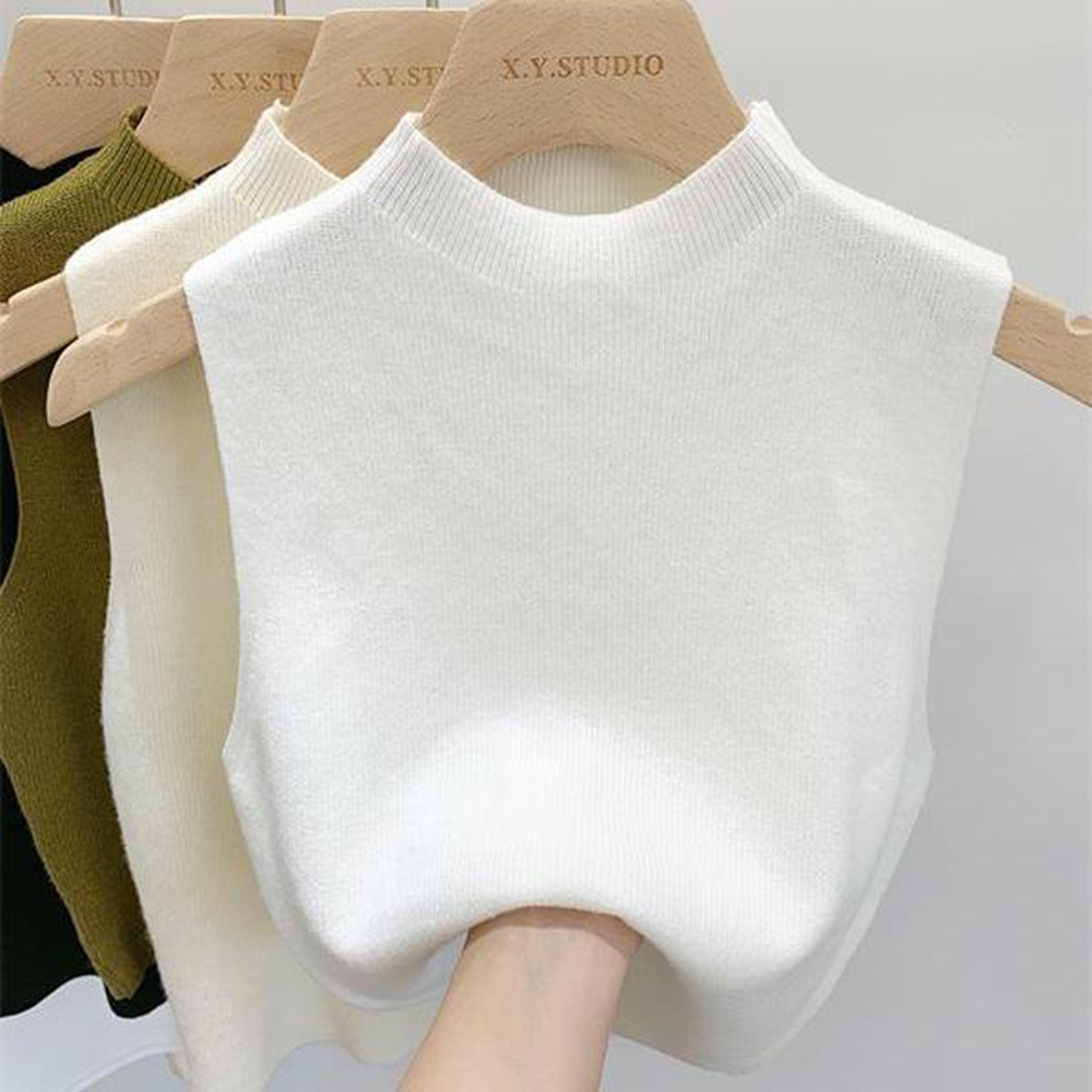 Womens Vest Tank Top Solid Color Knitted Tees Cropped Camisole Sweater HalfTurtleneck Sleeveless To 5
