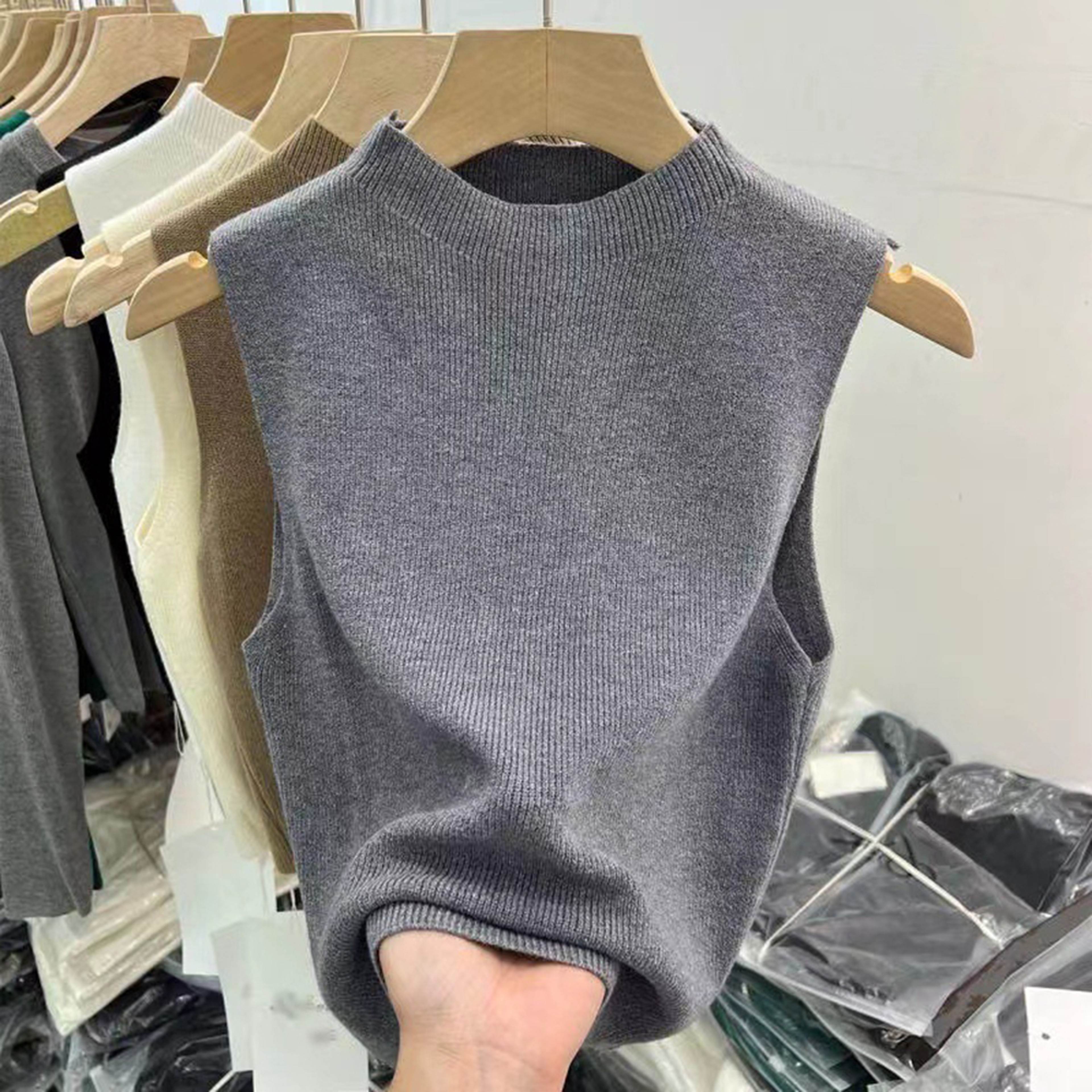 Womens Vest Tank Top Solid Color Knitted Tees Cropped Camisole Sweater HalfTurtleneck Sleeveless To 7