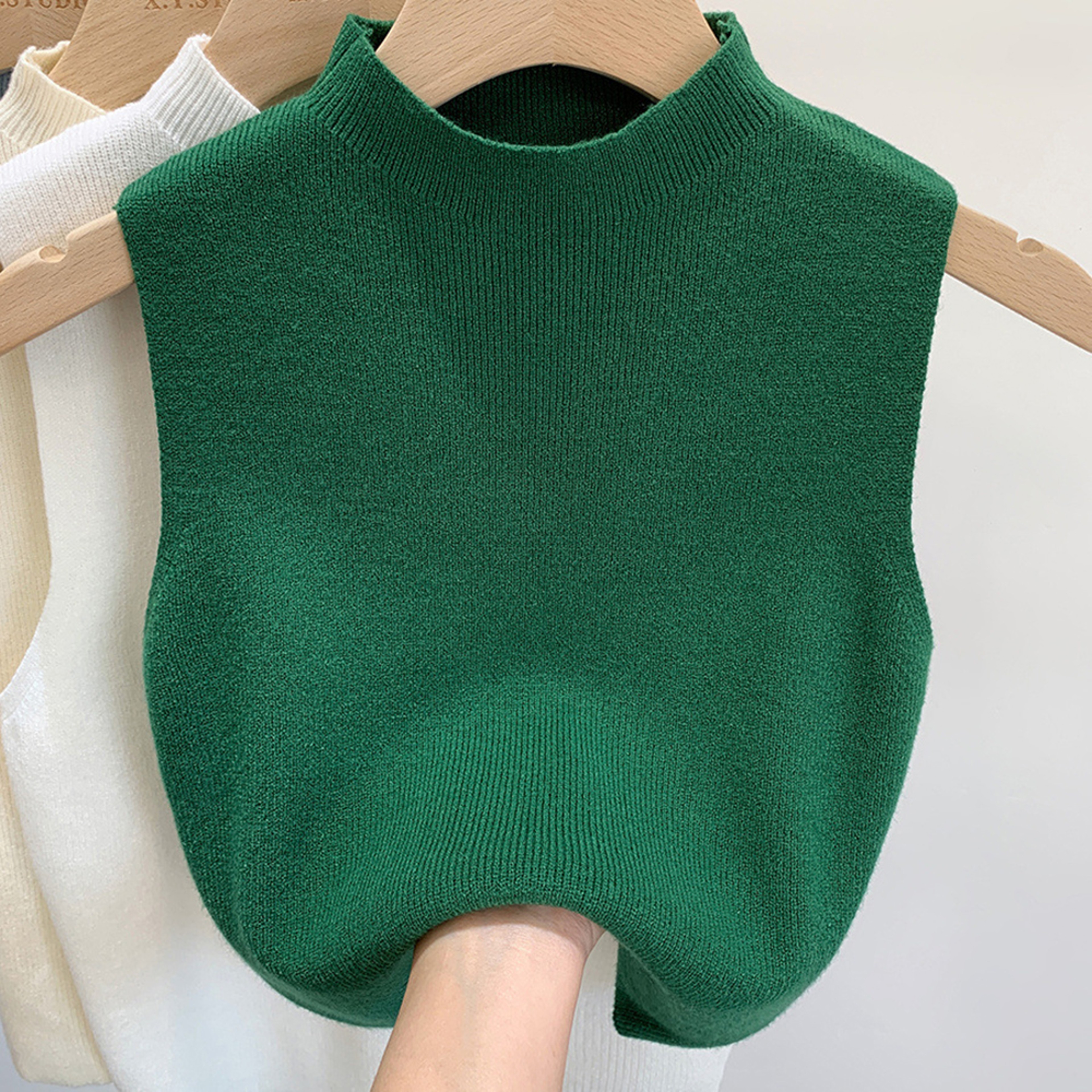 Womens Vest Tank Top Solid Color Knitted Tees Cropped Camisole Sweater HalfTurtleneck Sleeveless To 9