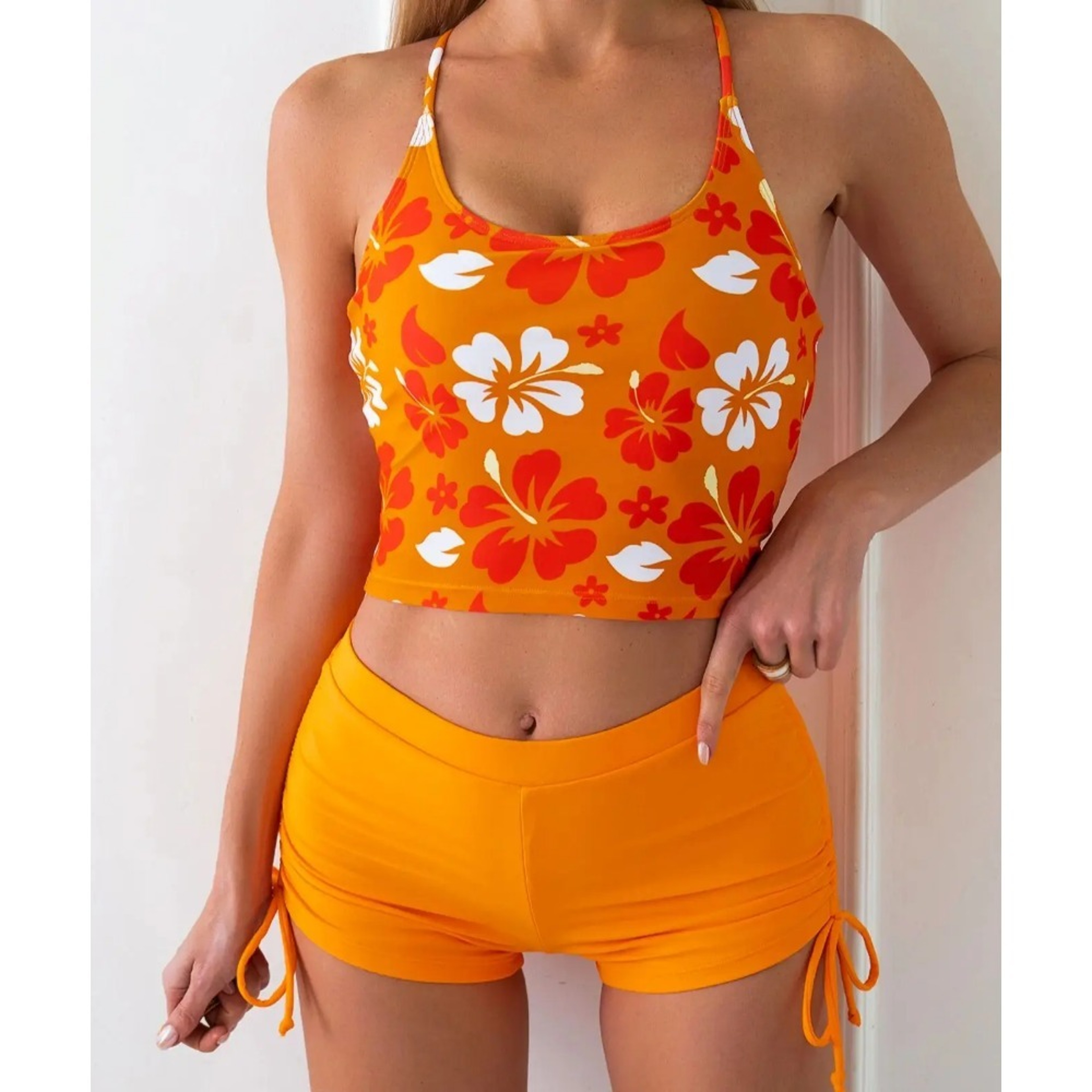 Printed Flower Tankini Set Girl Swimwear Adjustable Strap Vest Bra Female Flower Shorts Bikini Draw 3