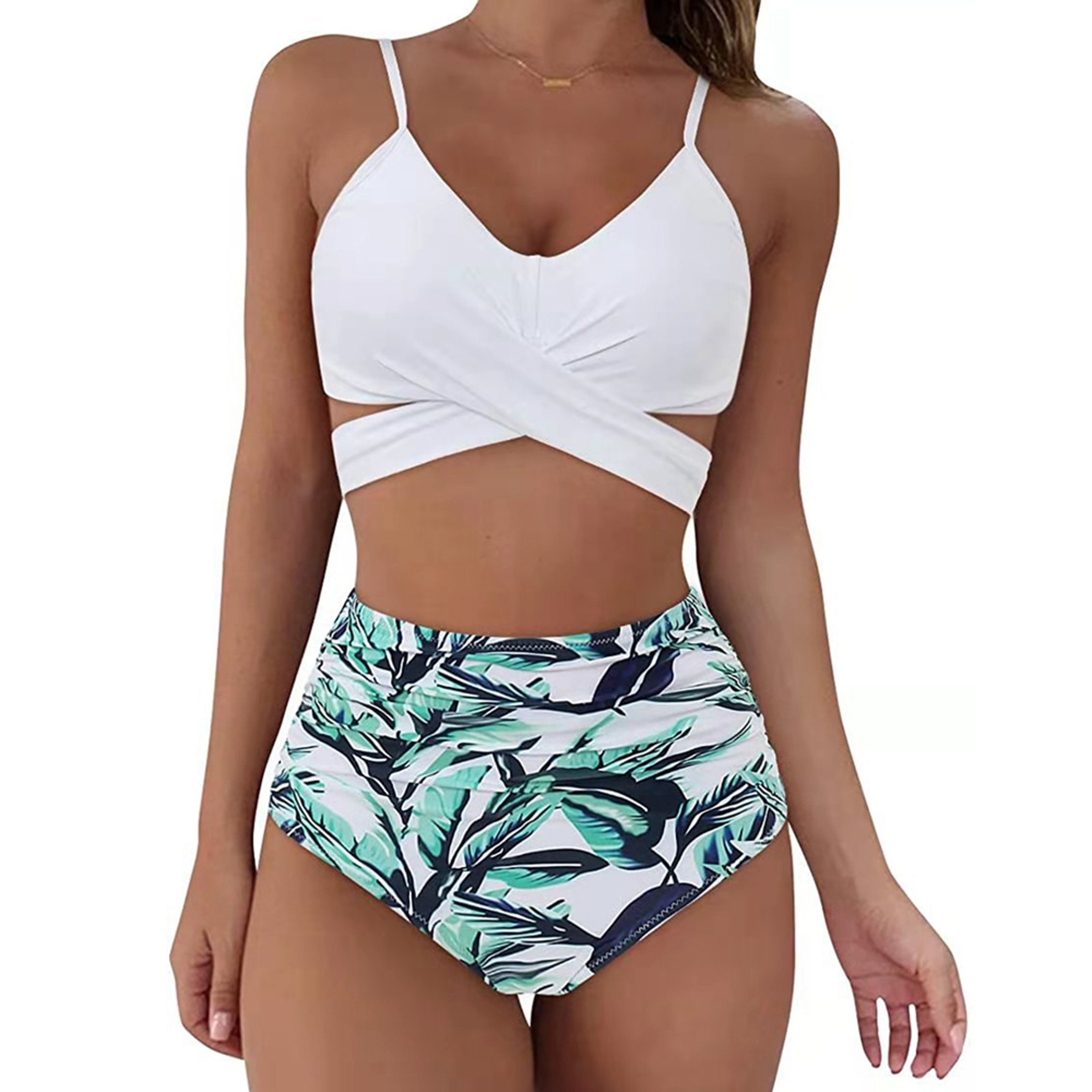 Women Slim Bikini Sets High Waisted Sexy Swimwear 2 Pieces 2025 SolidFloral Ruched Brazilian Swimsu 3