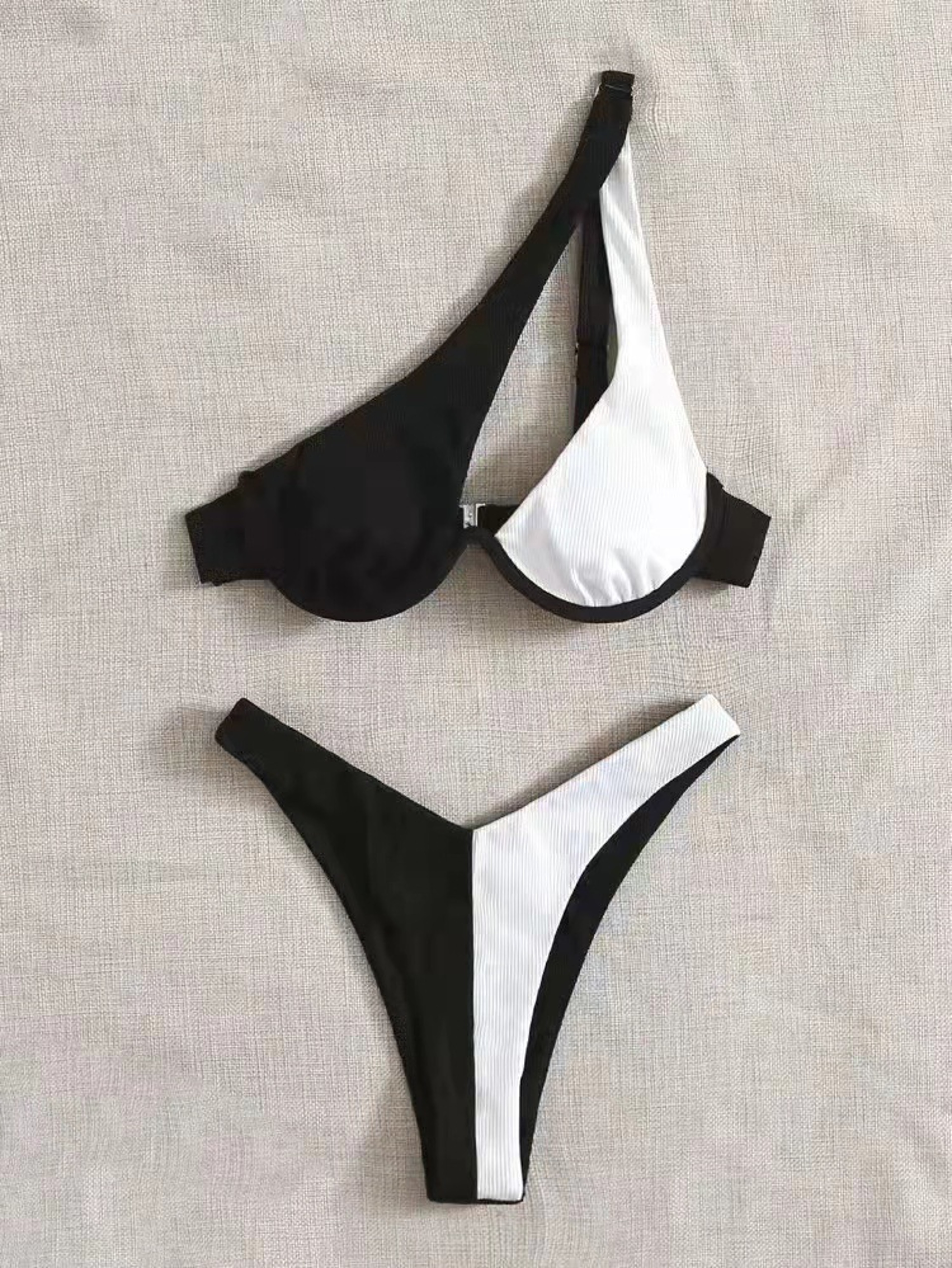 Luxury Two Pieces Bikini Solid Patchwork Swimwear Underwire Push Up One Shoulder Cut Out Beachwear 0