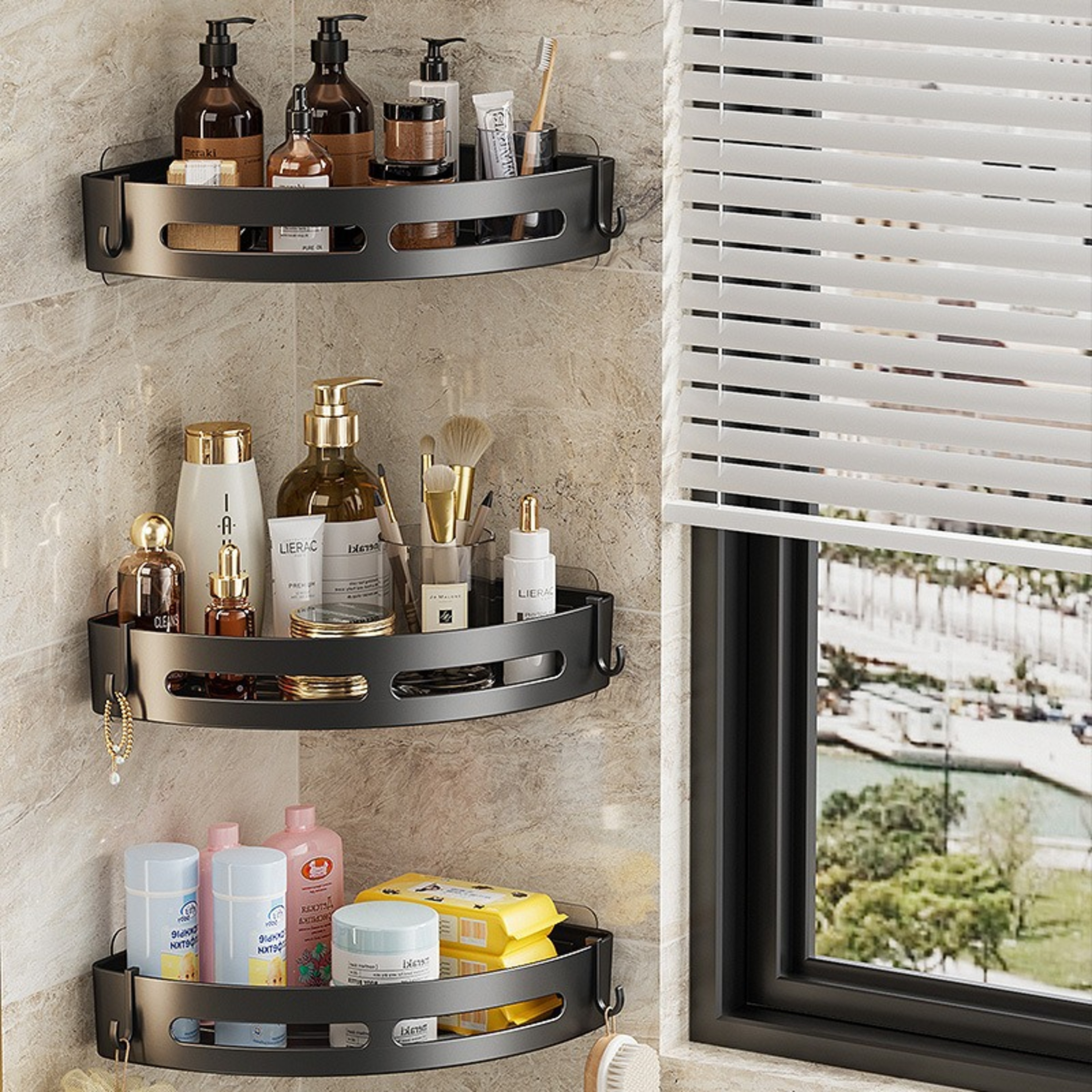 Adhensive Bathroom Shampoo Holder No Drill Shower Caddy Shelves Corner Towel Holder Storage Shelves 4