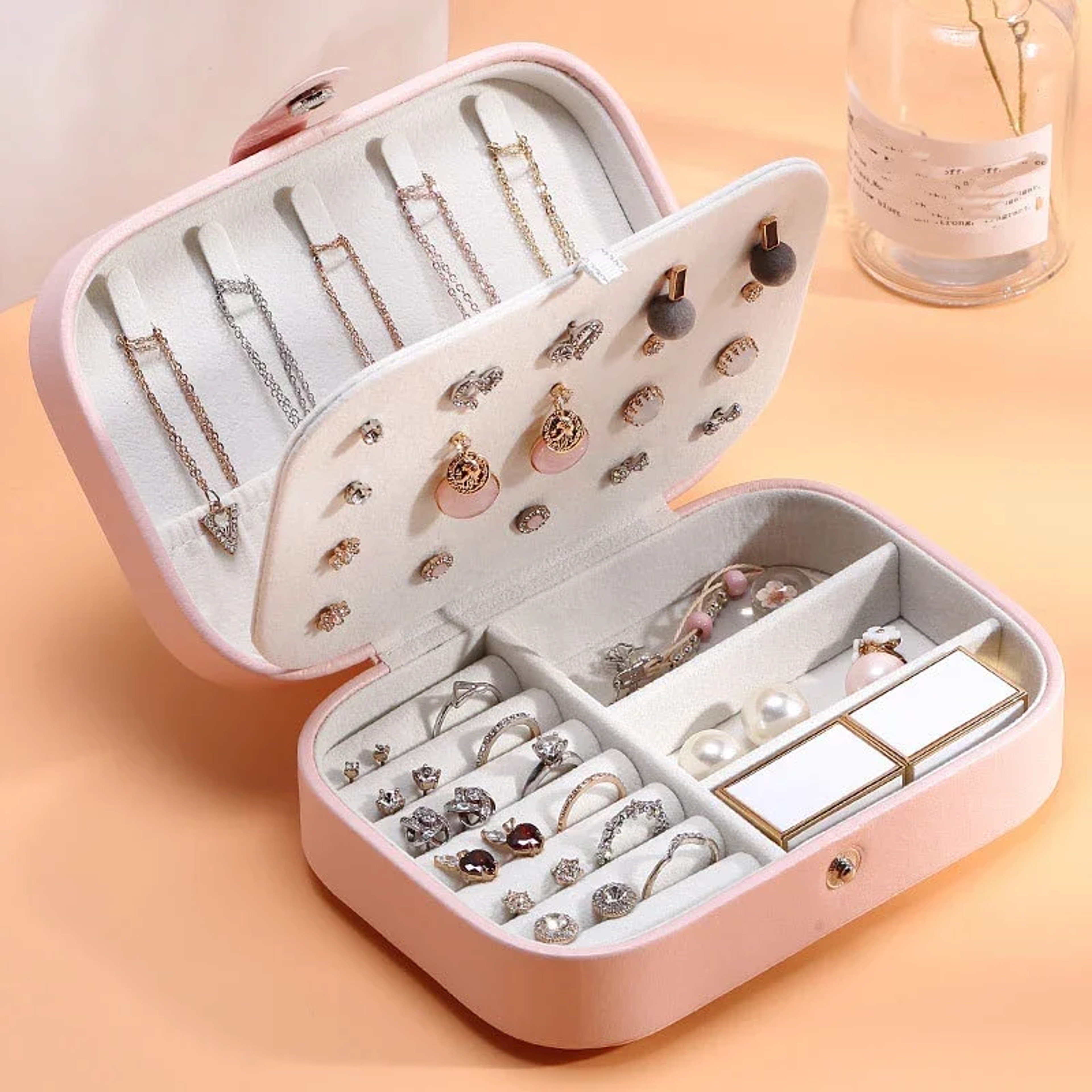 Portable Jewelry Box Travel Jewelry Case Organizer Leather Storage Zipper Display Box With Button C 3