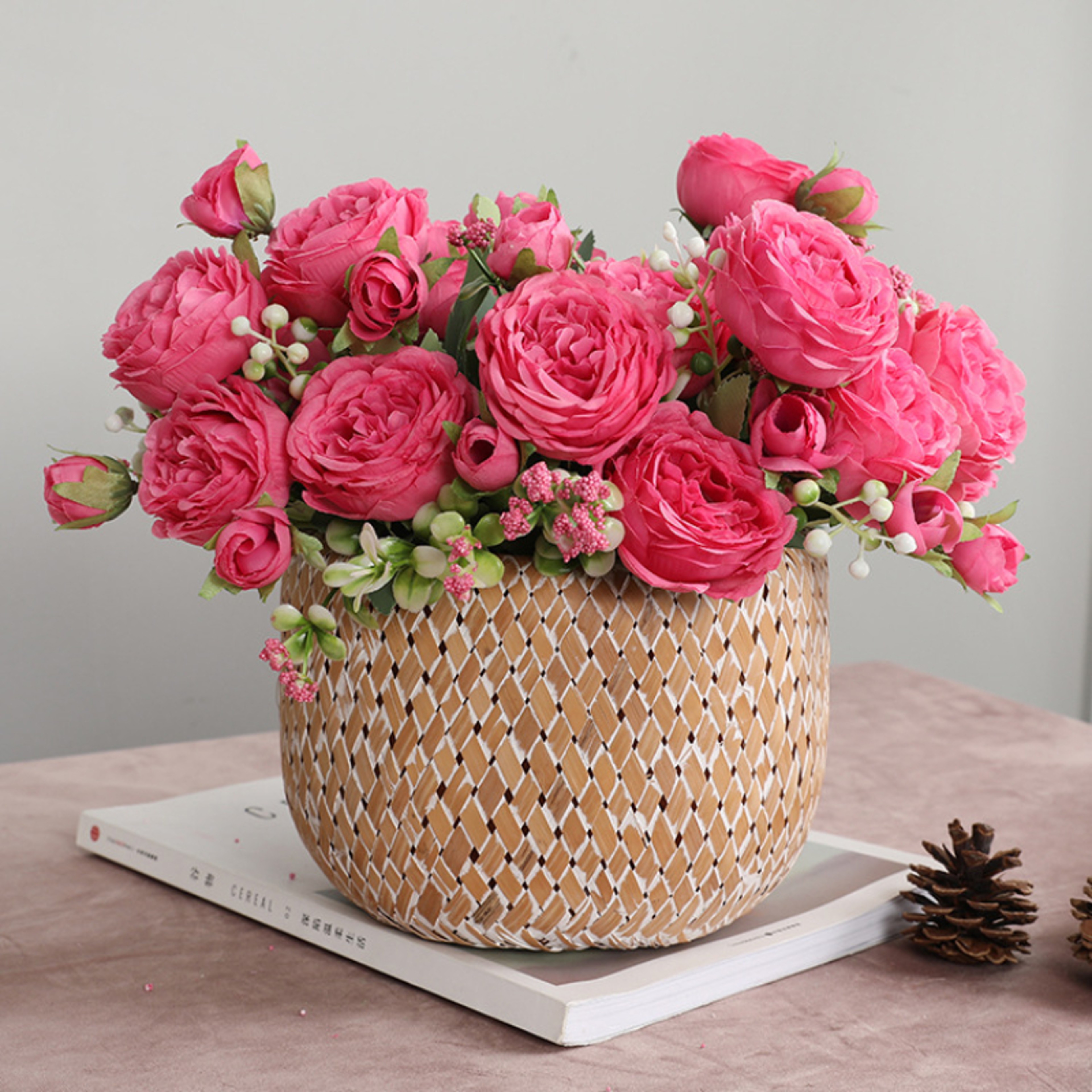 Rose Pink Silk Bouquet Peony Artificial Flower, Big Heads, Small Buds, Bride Wedding Home Decoration – view 4