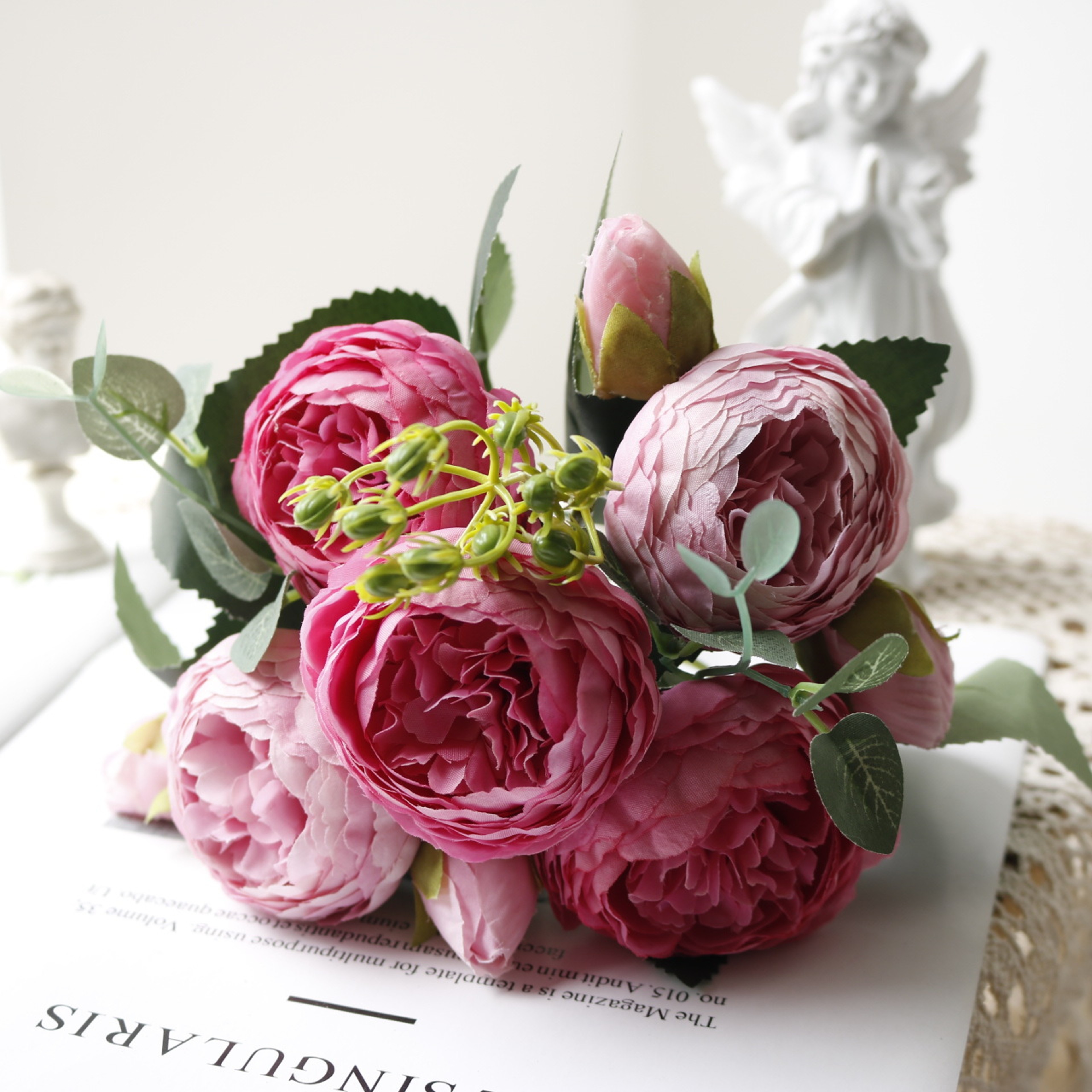 Rose Pink Silk Bouquet Peony Artificial Flower, Big Heads, Small Buds, Bride Wedding Home Decoration – view 24