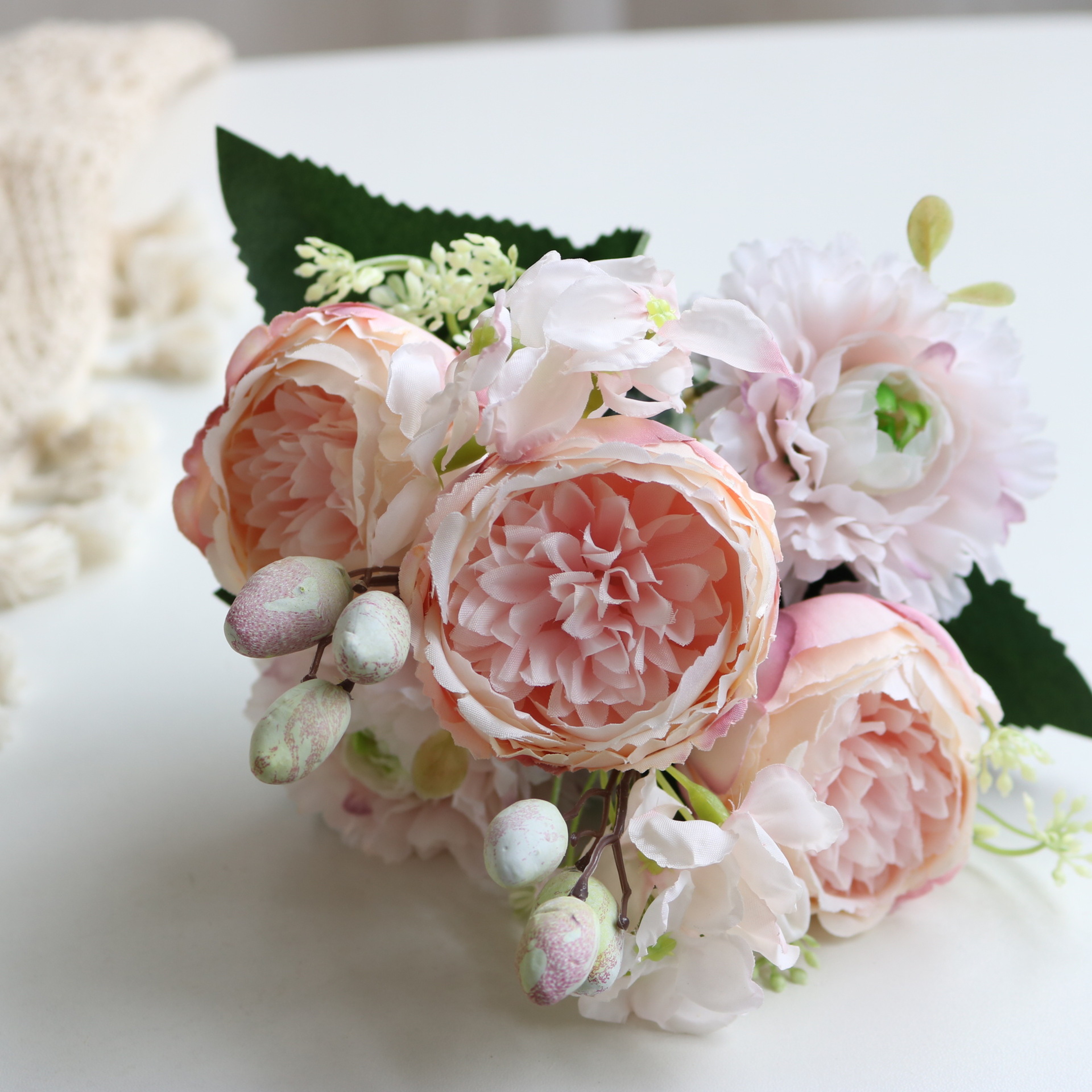 Rose Pink Silk Bouquet Peony Artificial Flower, Big Heads, Small Buds, Bride Wedding Home Decoration – view 28