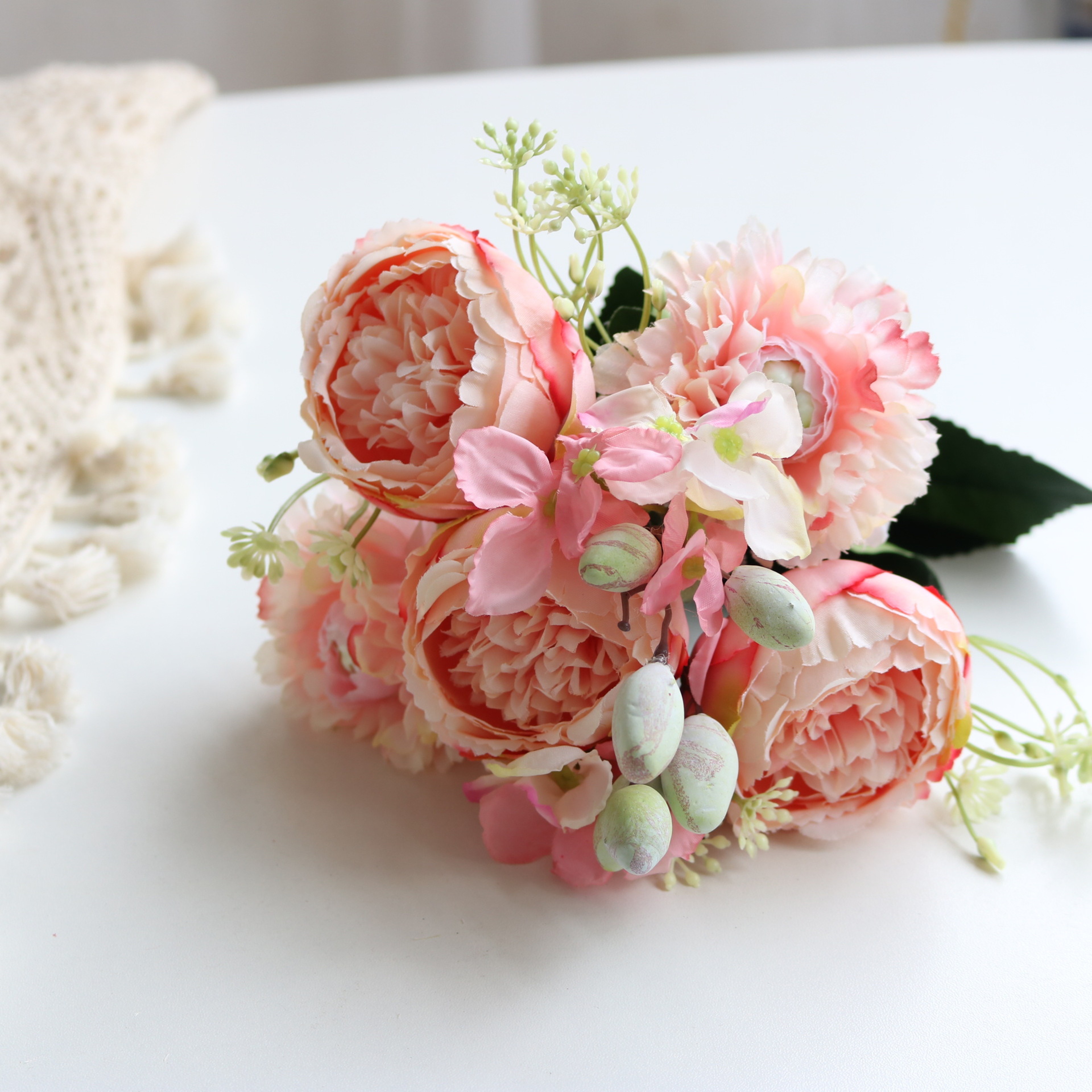Rose Pink Silk Bouquet Peony Artificial Flower, Big Heads, Small Buds, Bride Wedding Home Decoration – view 35
