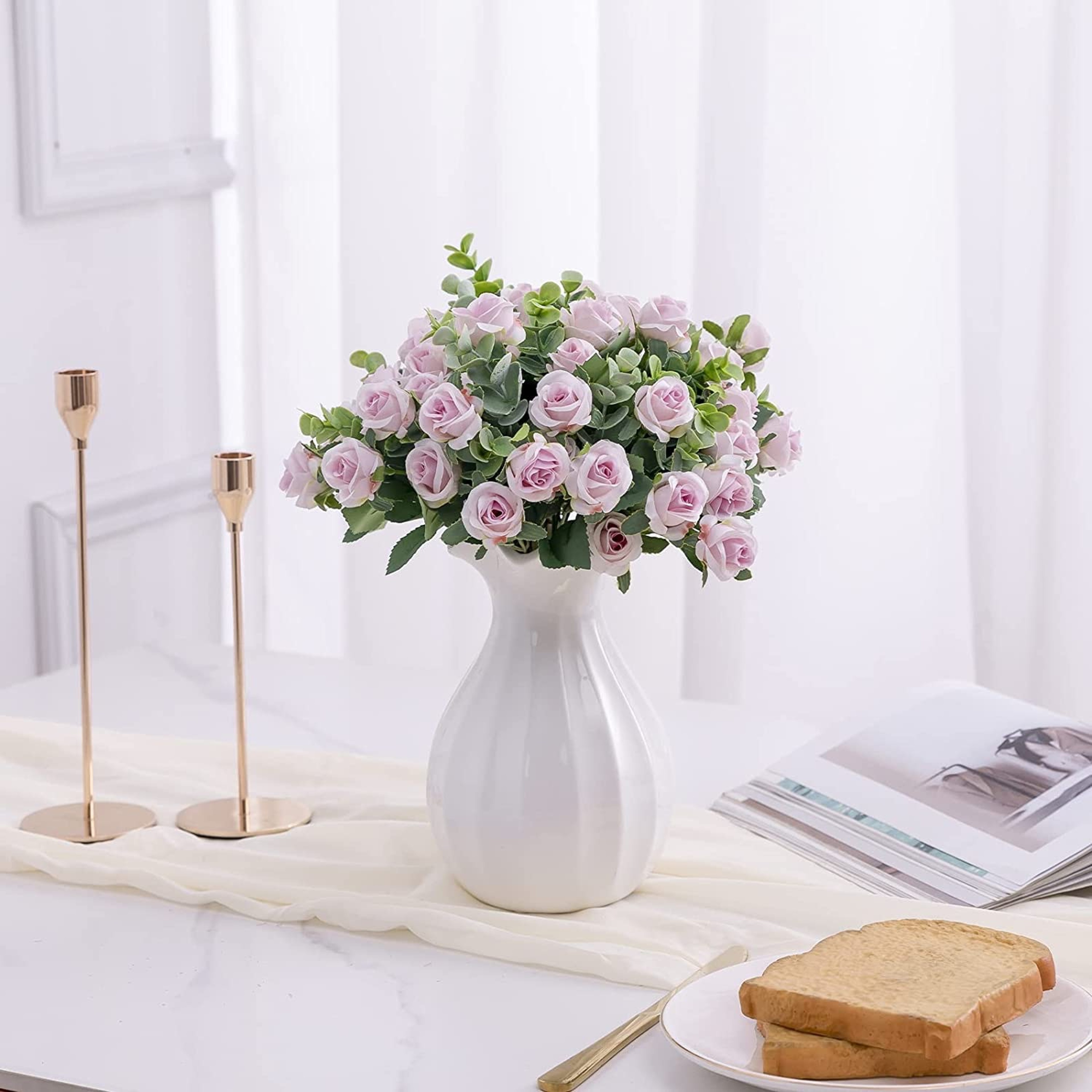 10 Heads Artificial Flower Silk Rose, White Eucalyptus Leave, Peony Bouquet for Wedding Table, Party Vase, Home Decor – view 6