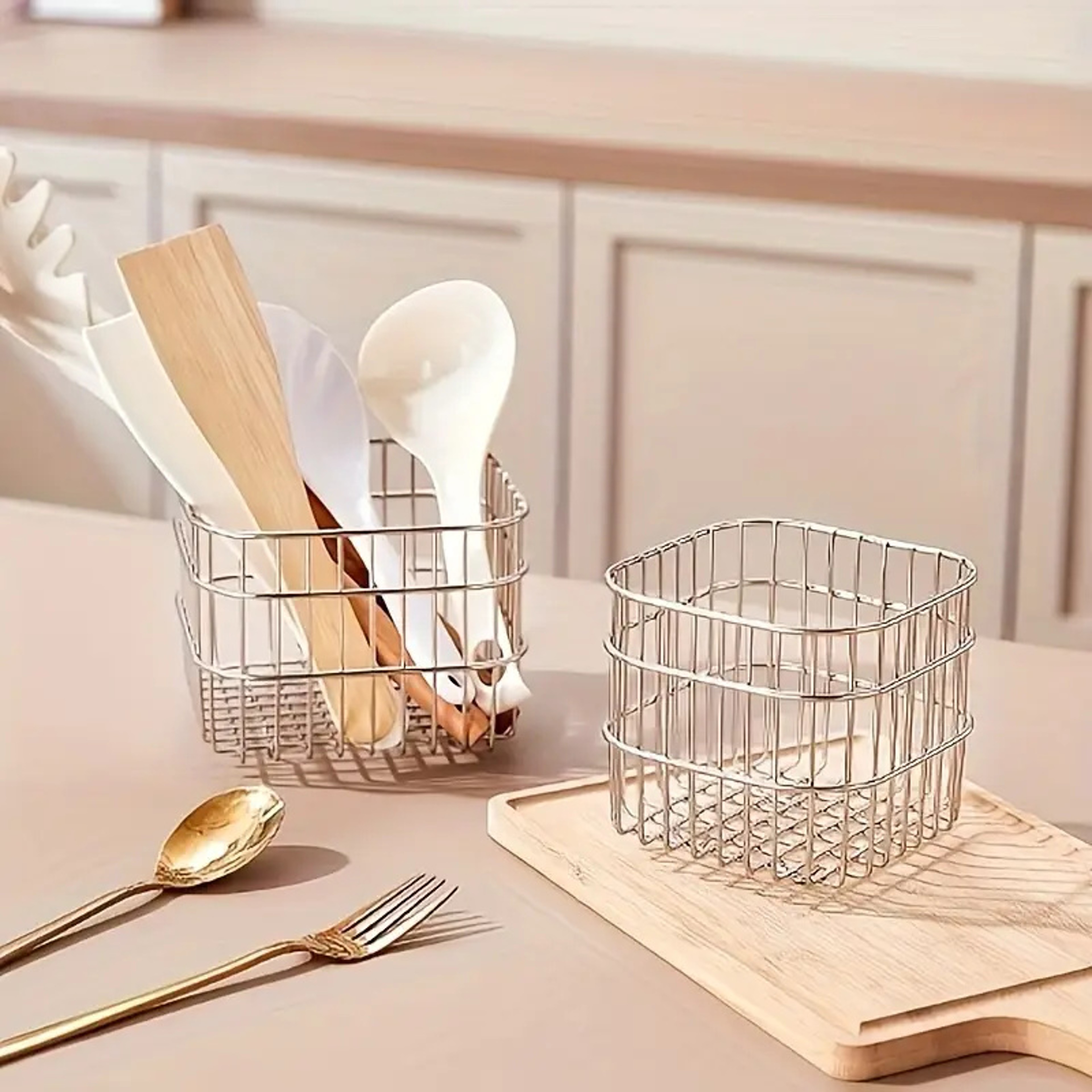 Desktop Square Storage Basket, Stainless Steel Draining Fruit and Vegetable Storage Bucket for Kitchen, Metal Desktop – view 6