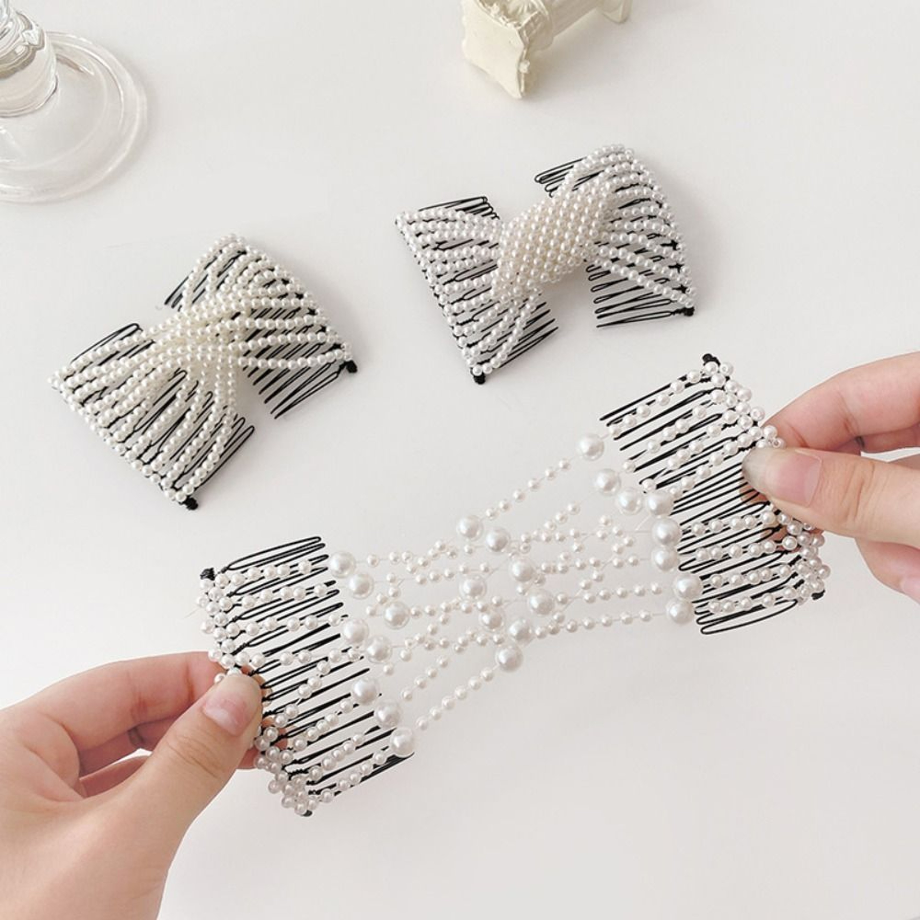 Plastic Pearl Elastic Hairpin Butterfly Fancy Clip Double Side Bun Rhombus Combs Hair Styling Tool  2