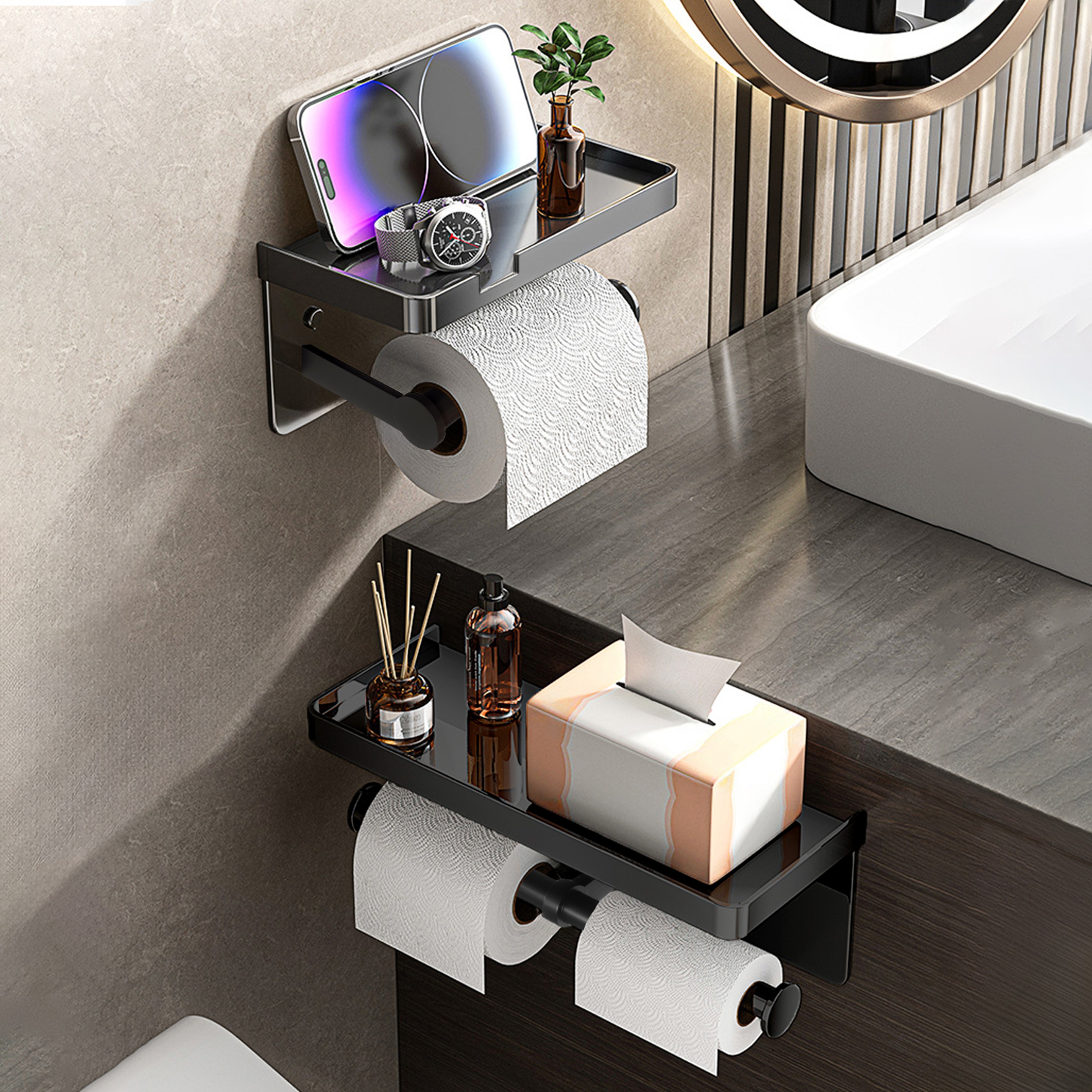 Modern Toilet Paper Holder, Aluminium Double Roll Tissue Holder, Mobile Phone Shelf, Storage Organizer for Bathroom – view 1