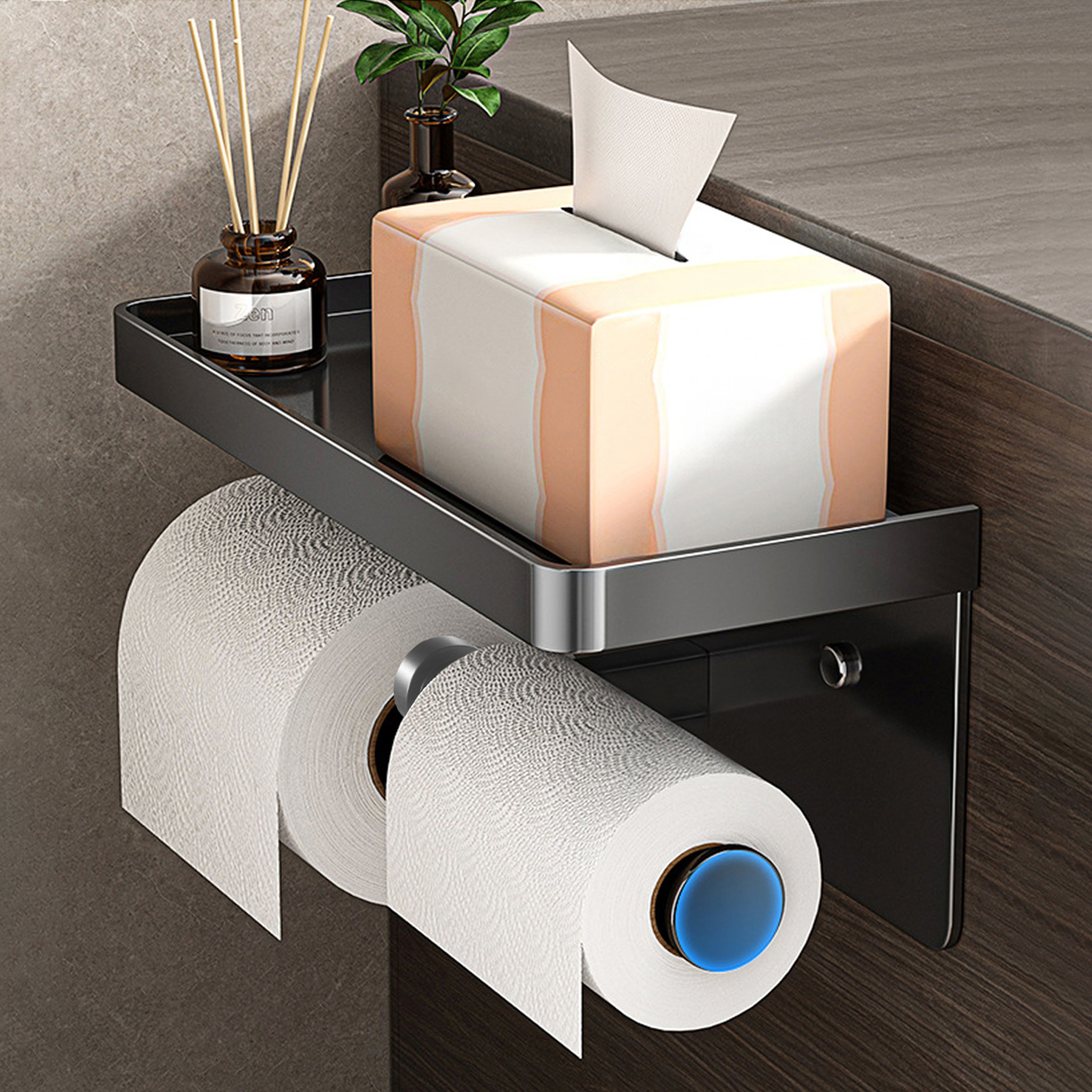 Modern Toilet Paper Holder, Aluminium Double Roll Tissue Holder, Mobile Phone Shelf, Storage Organizer for Bathroom – view 4