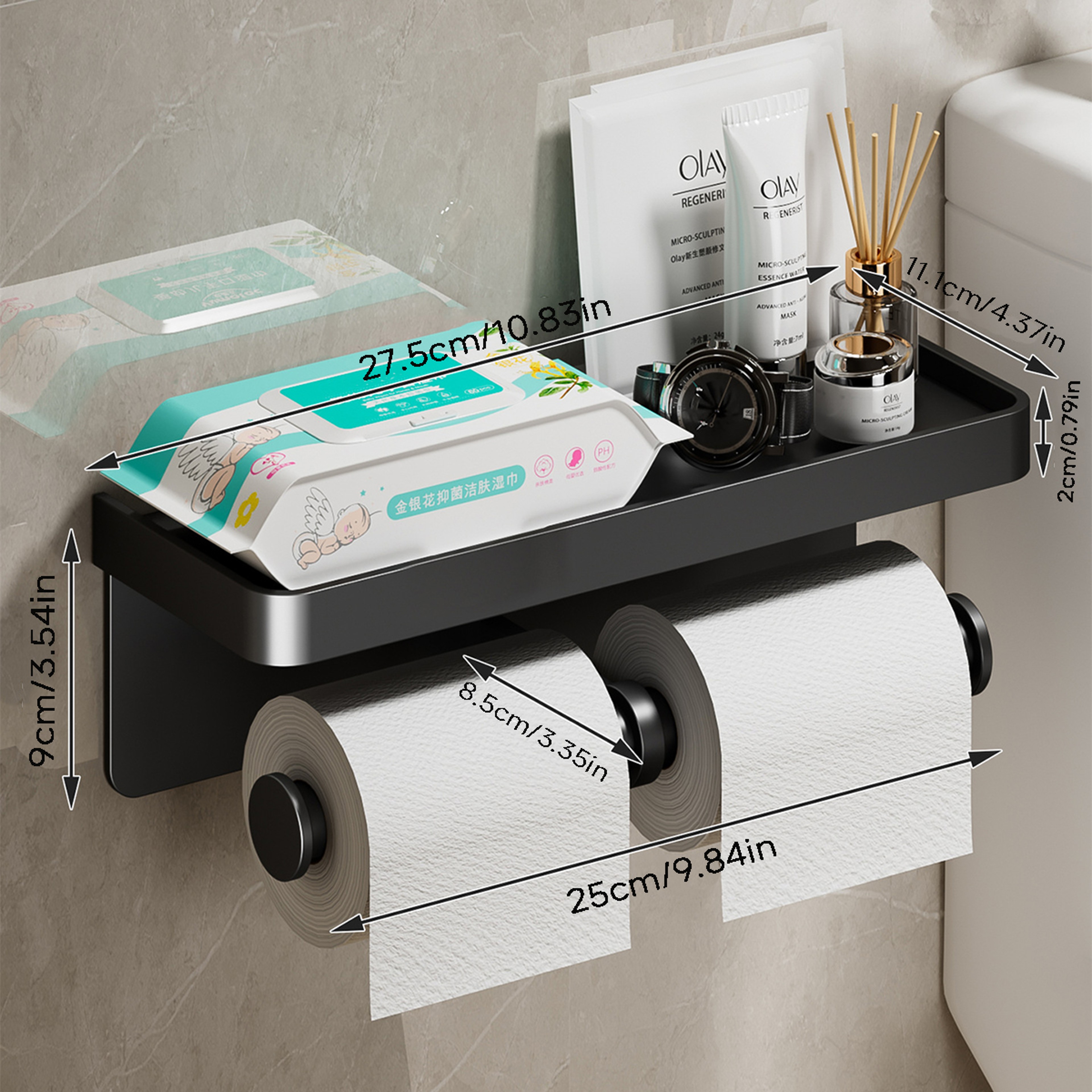Modern Toilet Paper Holder, Aluminium Double Roll Tissue Holder, Mobile Phone Shelf, Storage Organizer for Bathroom – view 12