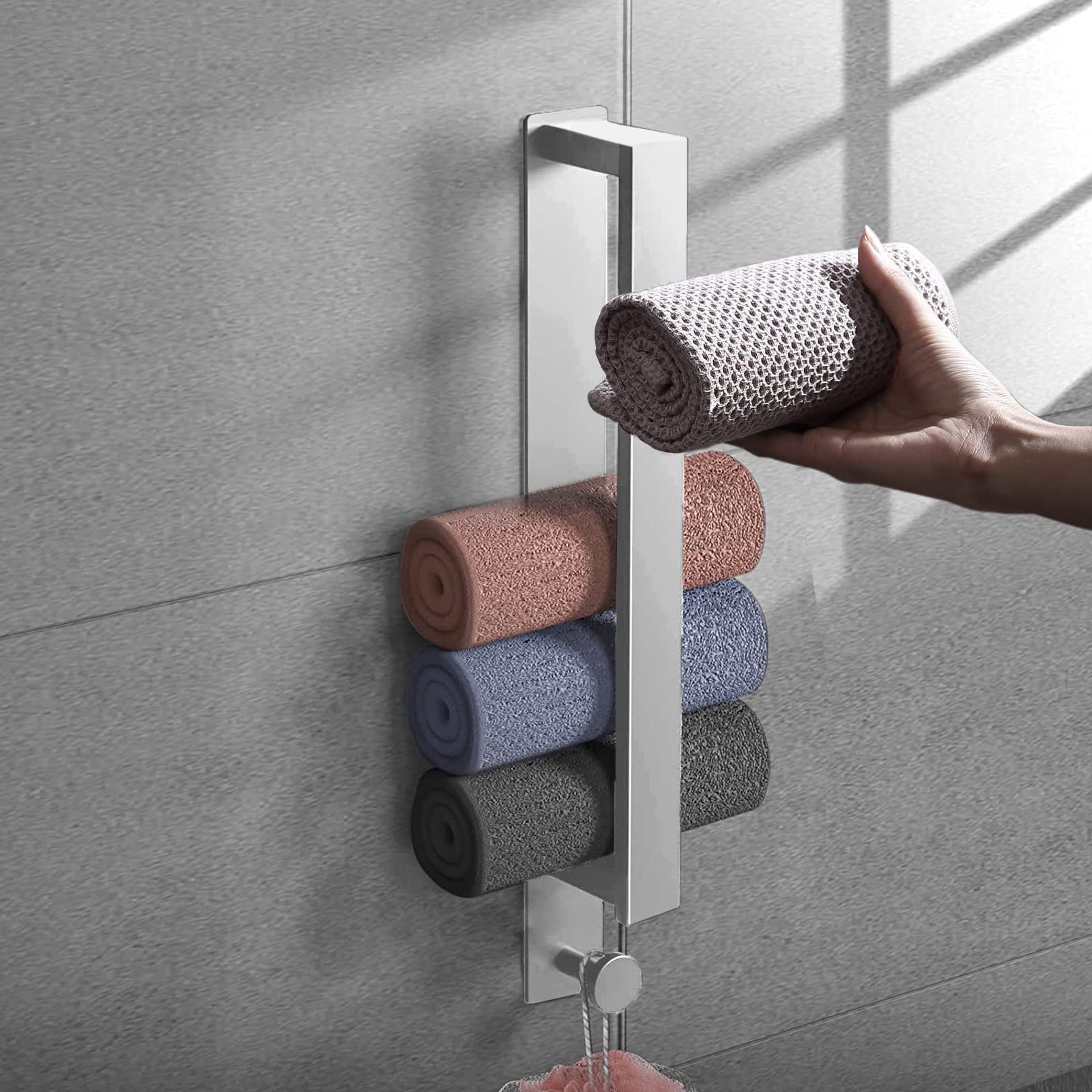 Stainless Steel Bathroom Towel Racks with Hooks, No Drill Wall Storage Organizer, Towel Holder for Bathroom Accessories – view 7