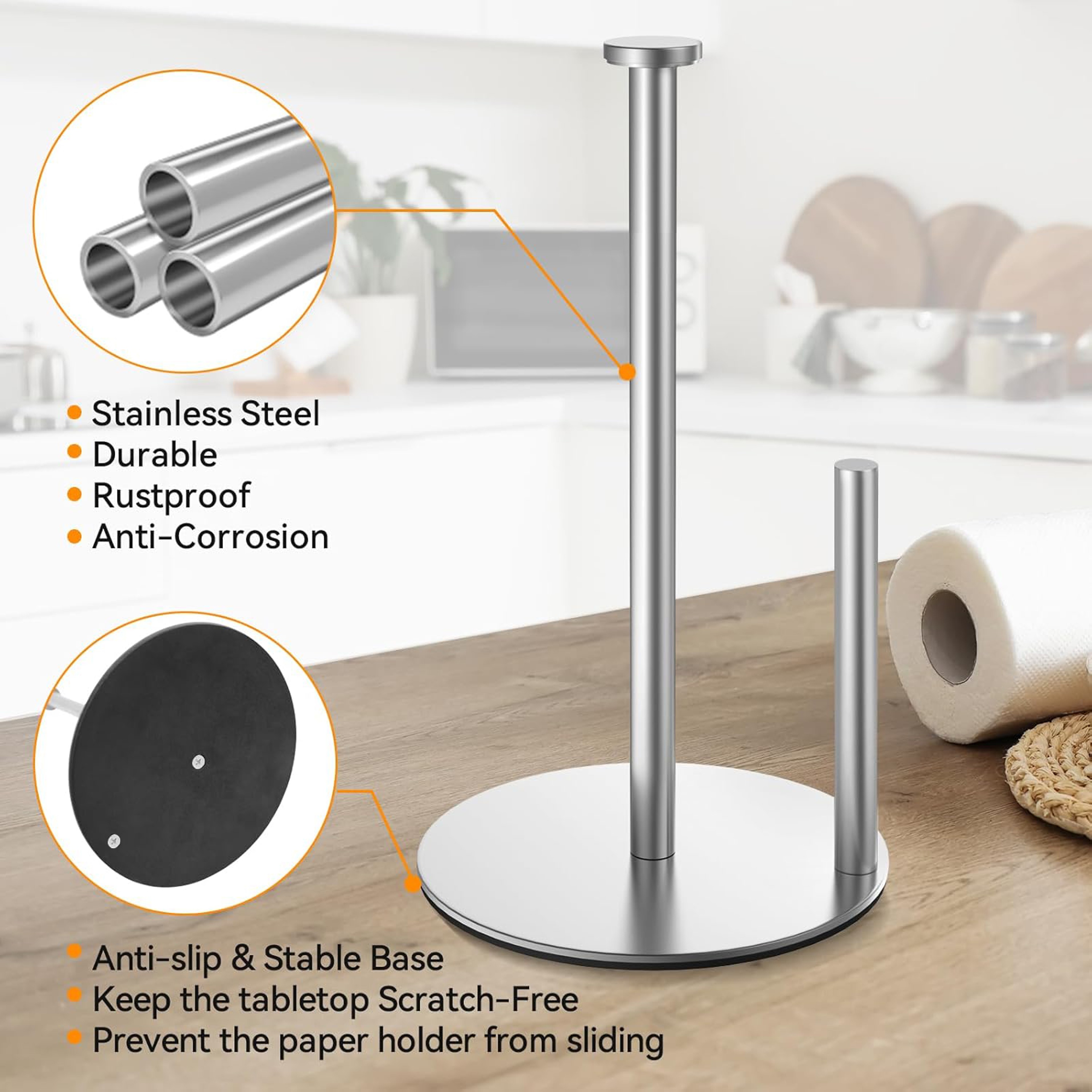 Kitchen Roll Organizer, Stainless Steel Paper Towel Holder with Weighted Base for Kitchen Countertop – view 4