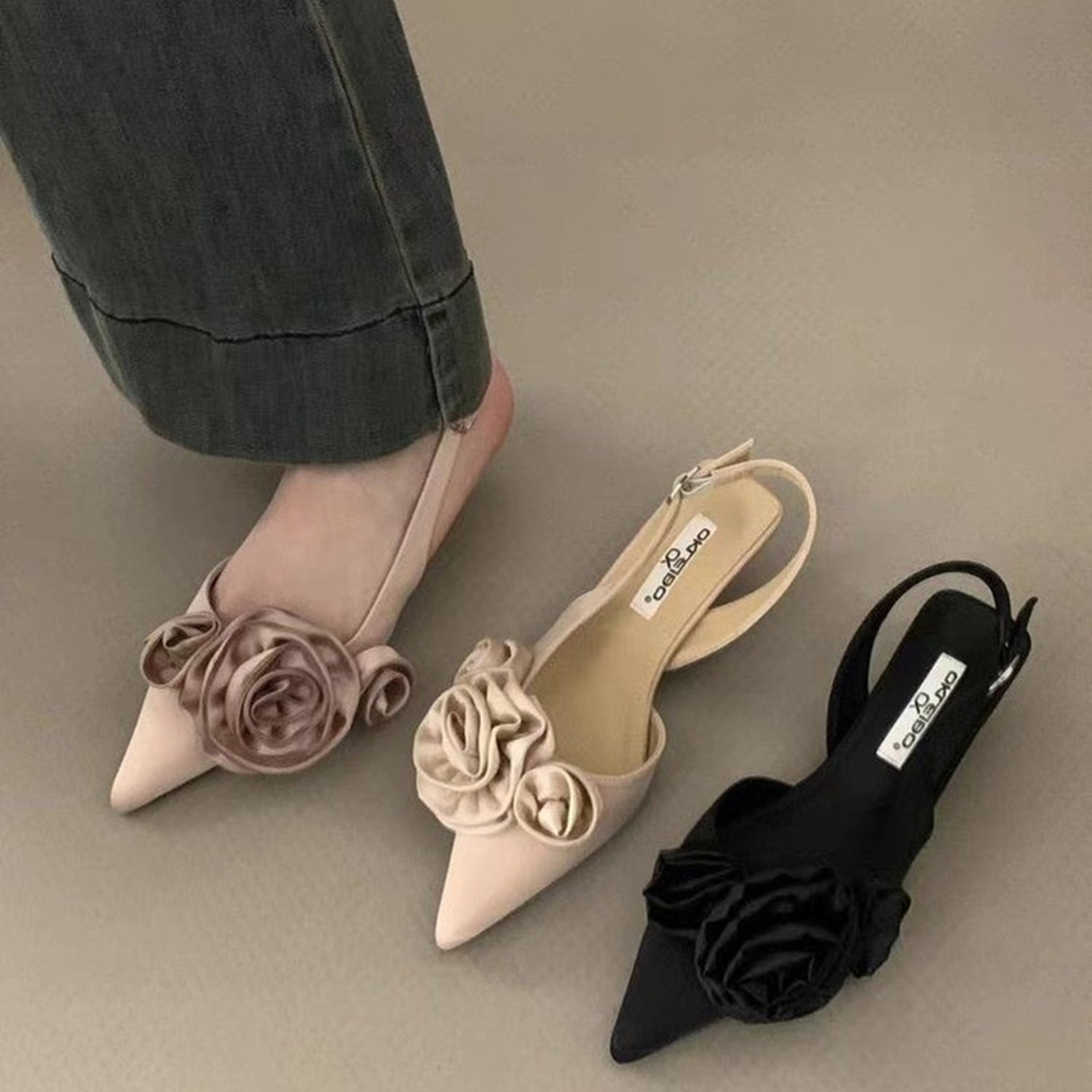 Women Sandal, Fashion Flower Slingback Dress Shoes, Thin Low Heel Mules Pumps – view 5