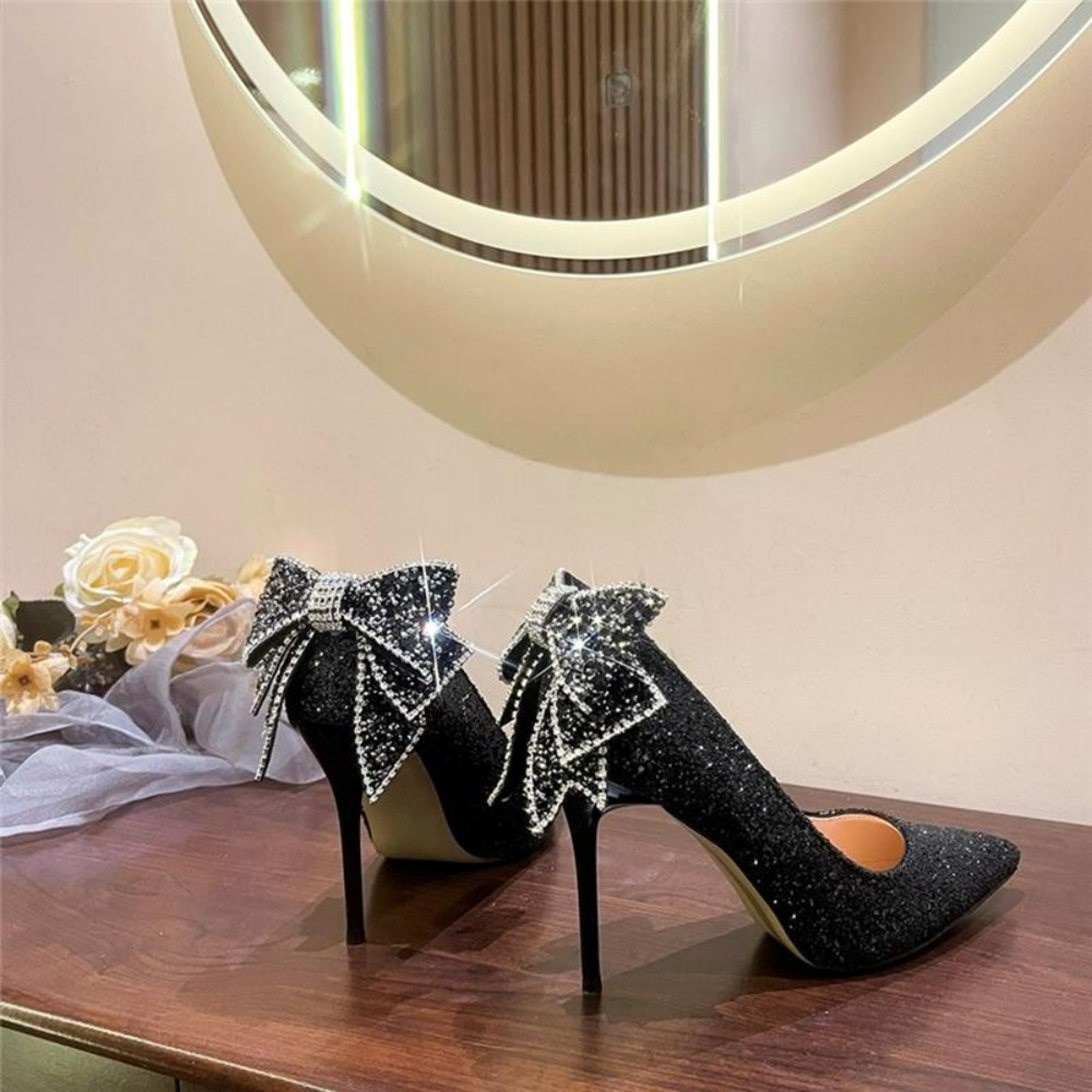 Shiny Bowknot Thin Heels Pumps For Women SlipOn Bling Crystal Party Shoes Sexy Pointed Toe Glitter  1