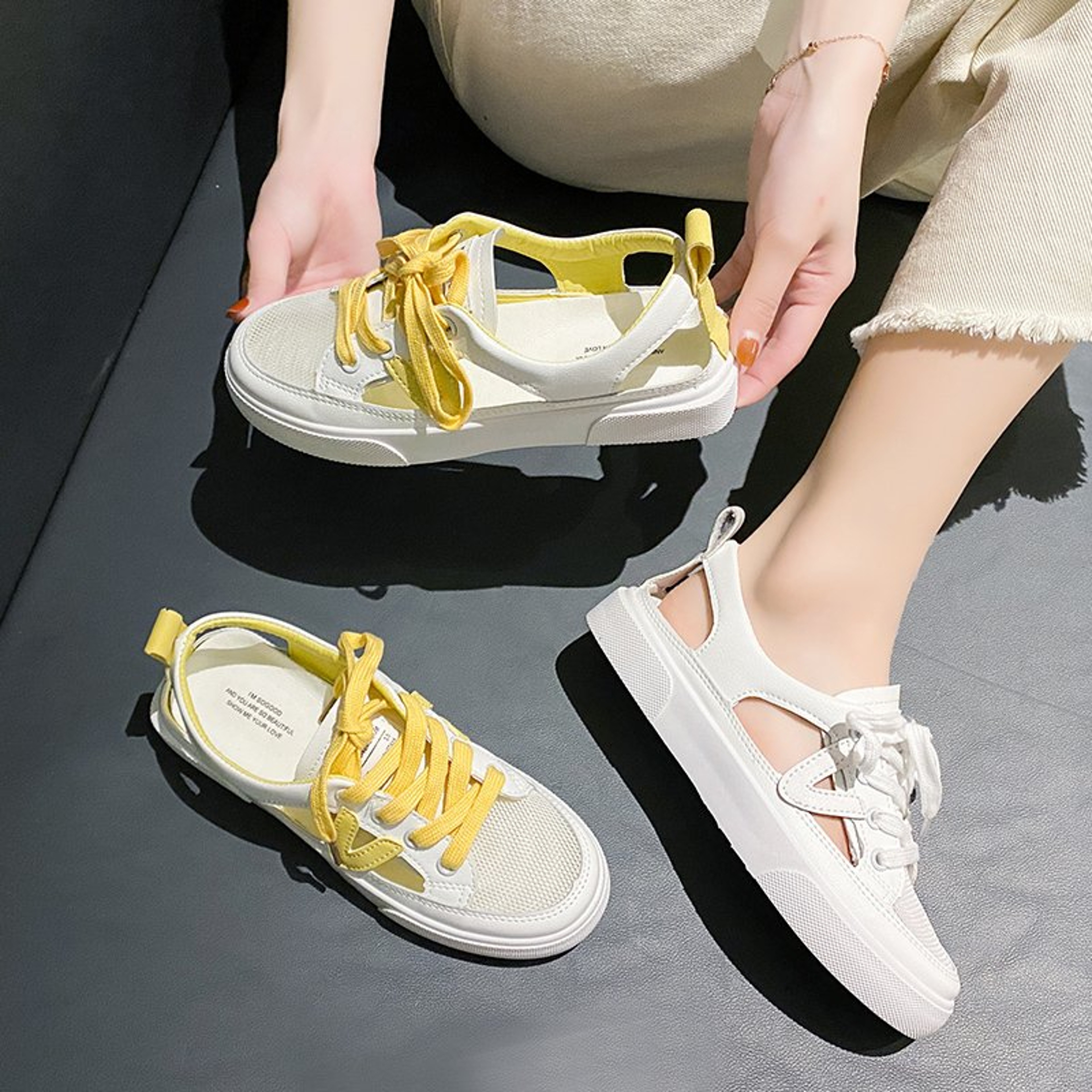New Women's White Casual Shoes, Fish-mouth Sandals, Transparent Mesh, Metal Decorative Breathable Shoes – view 5