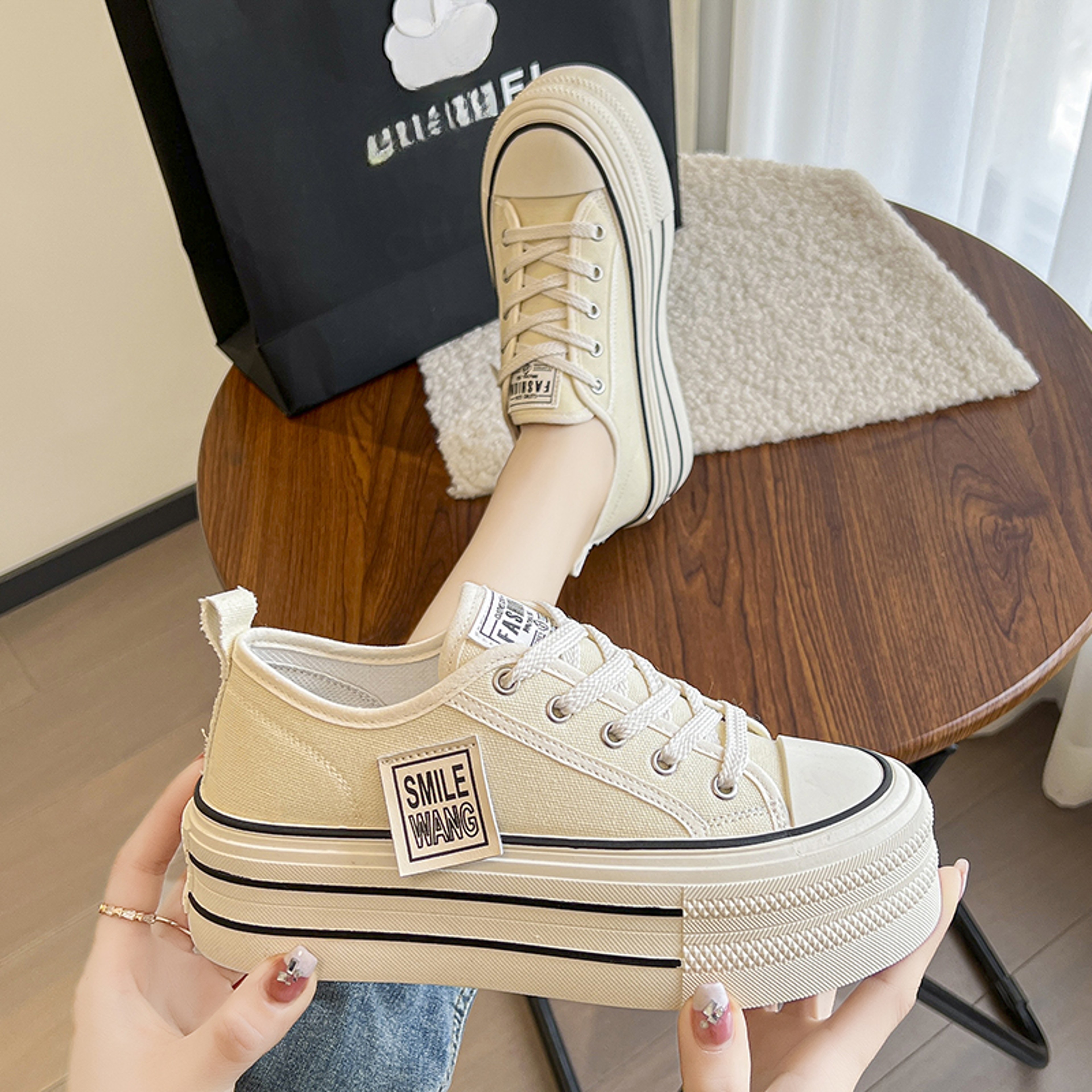 Women Black White Platform Canvas Shoes, Lace Up Sneakers, Comfortable Sport Vulcanize Shoes for Outdoor Fashion – view 4