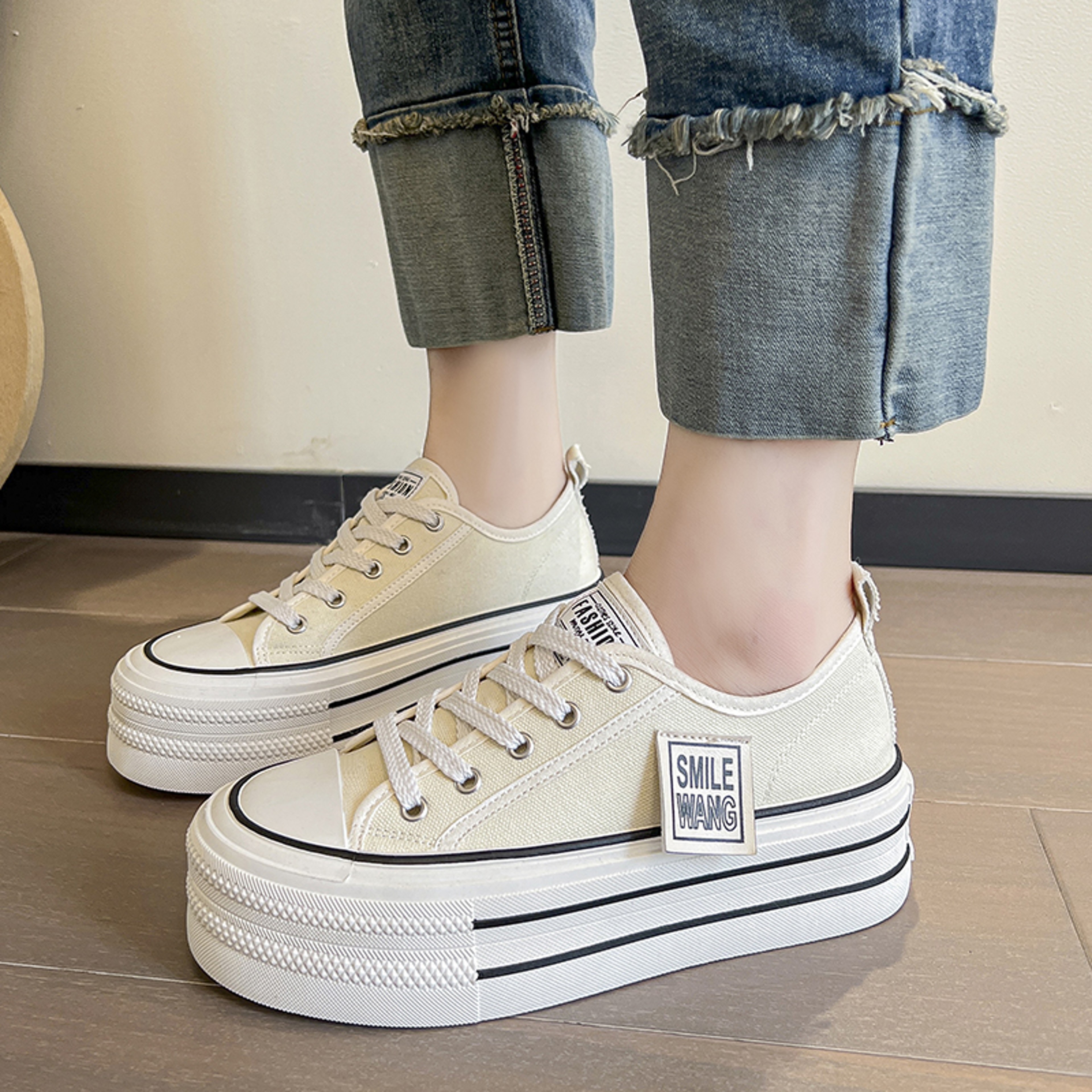 Women Black White Platform Canvas Shoes, Lace Up Sneakers, Comfortable Sport Vulcanize Shoes for Outdoor Fashion – view 8