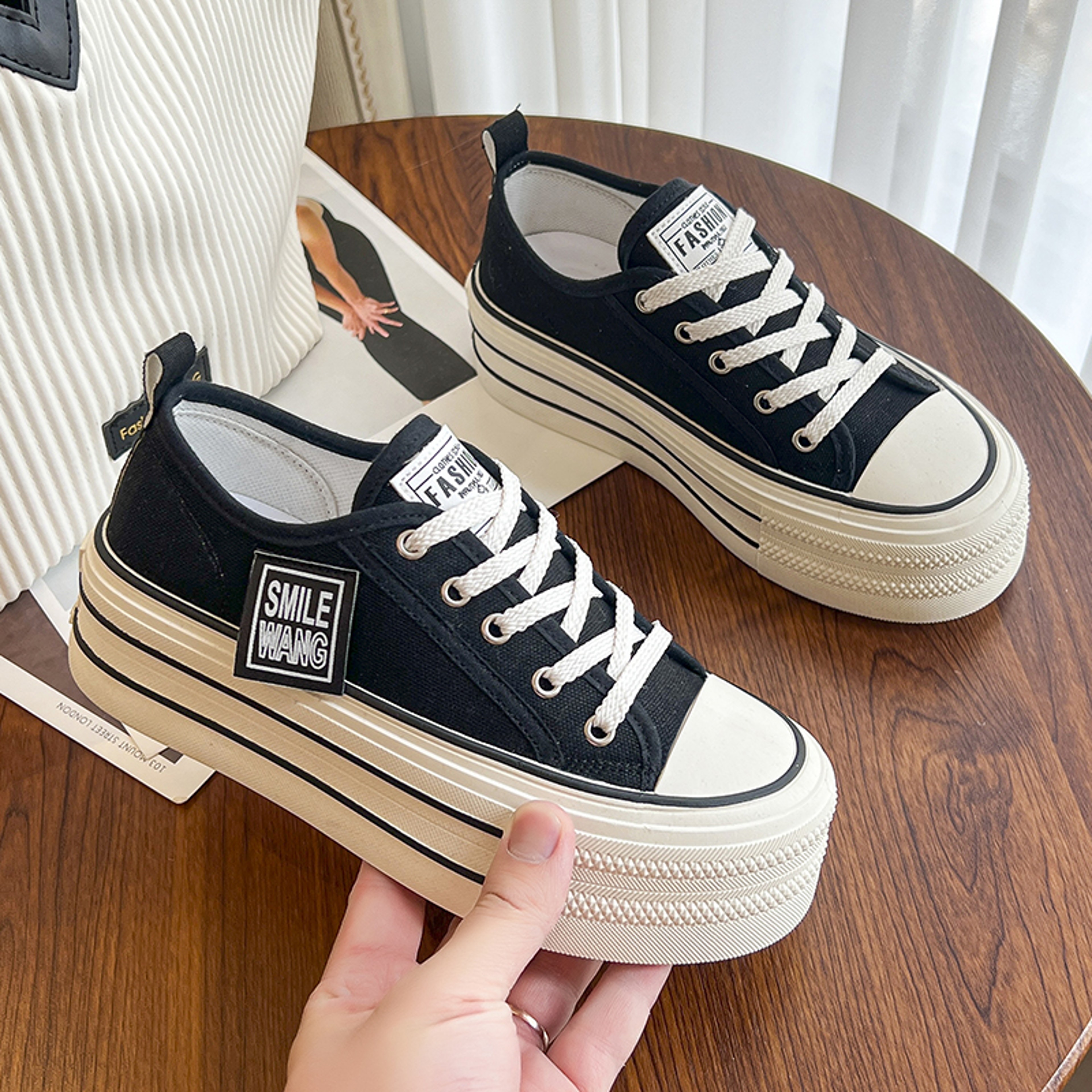 Women Black White Platform Canvas Shoes, Lace Up Sneakers, Comfortable Sport Vulcanize Shoes for Outdoor Fashion – view 6