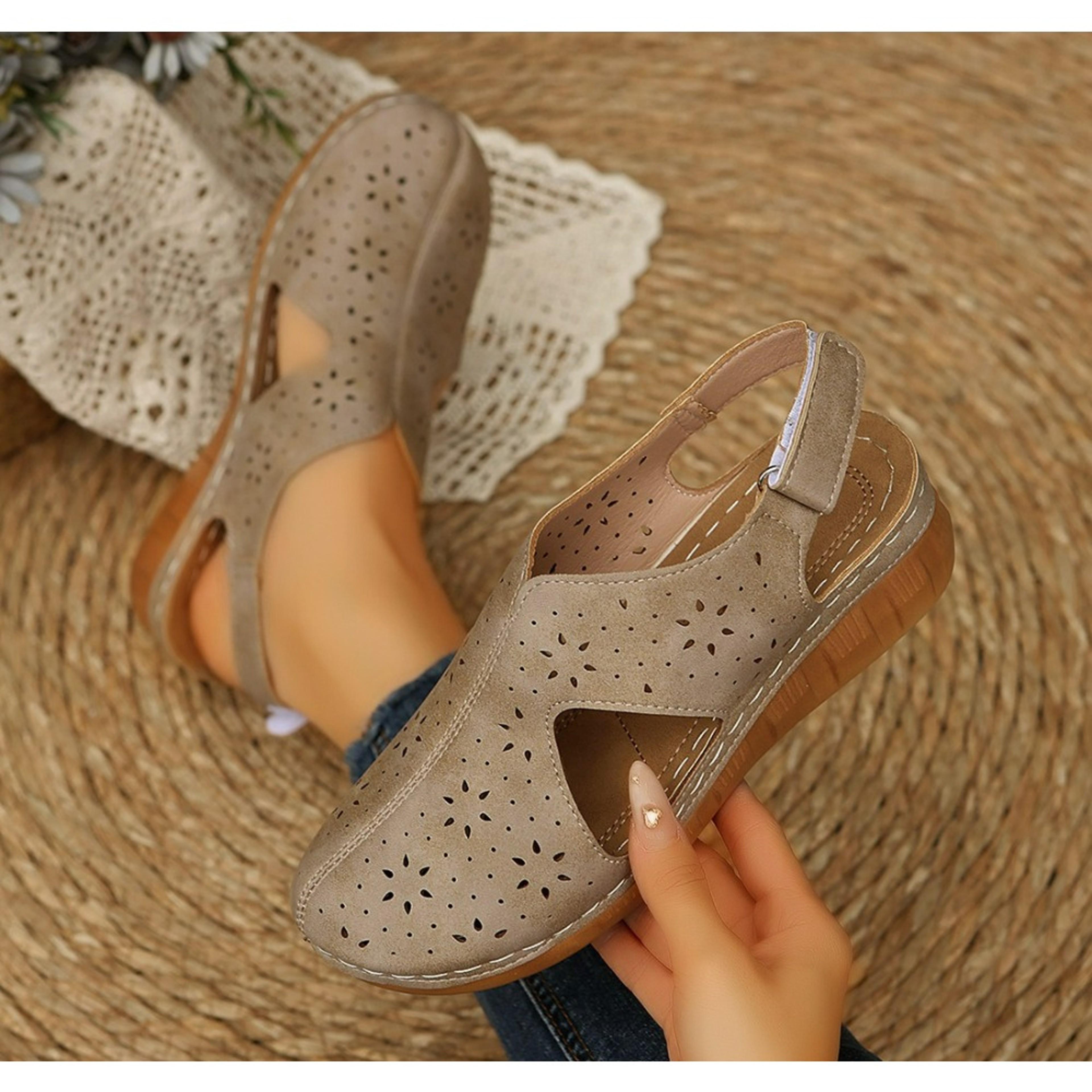Casual Breathable Hollow Out Roman Sandals With Magic Tape Comfortable Heel Design 1