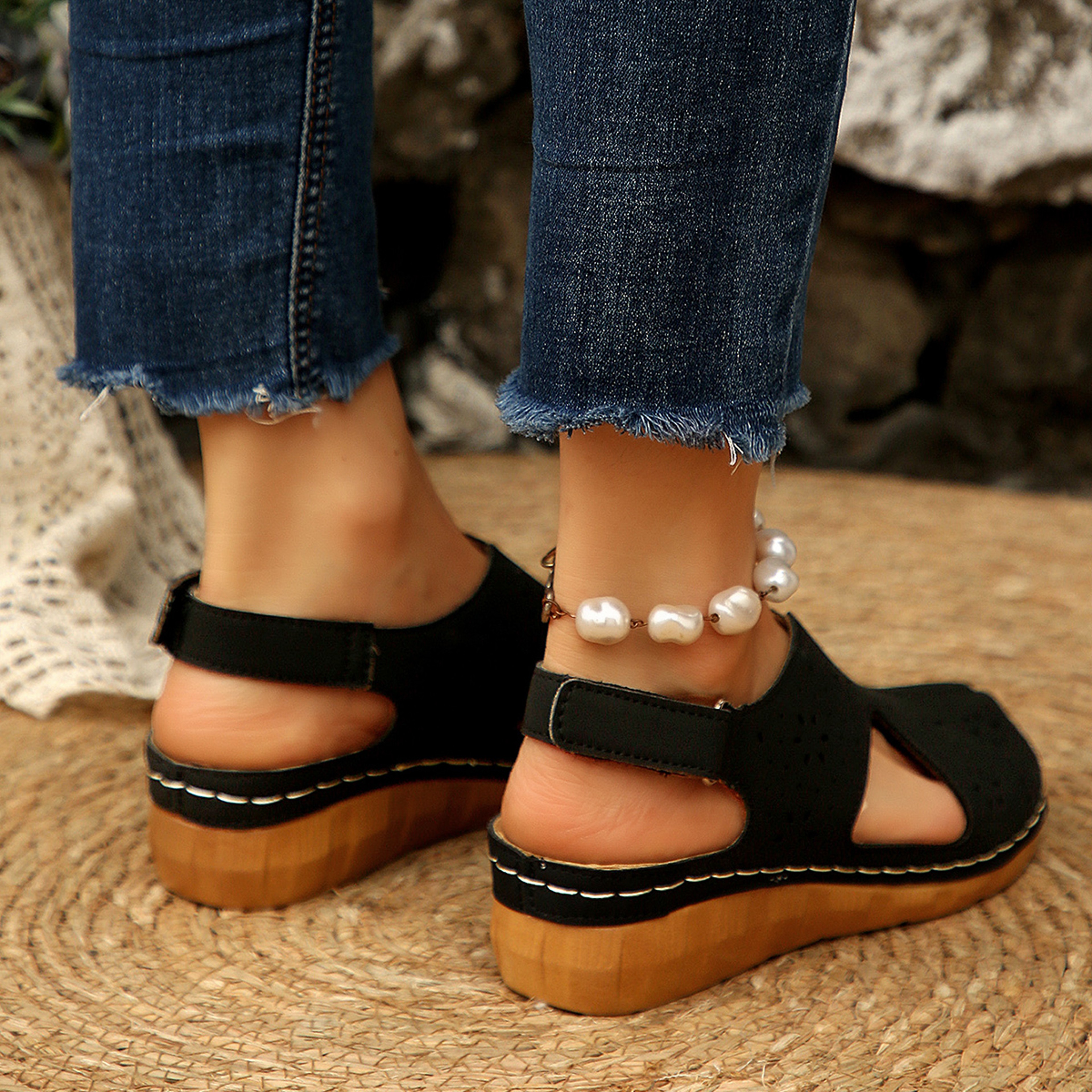 Casual Breathable Hollow Out Roman Sandals With Magic Tape Comfortable Heel Design 5