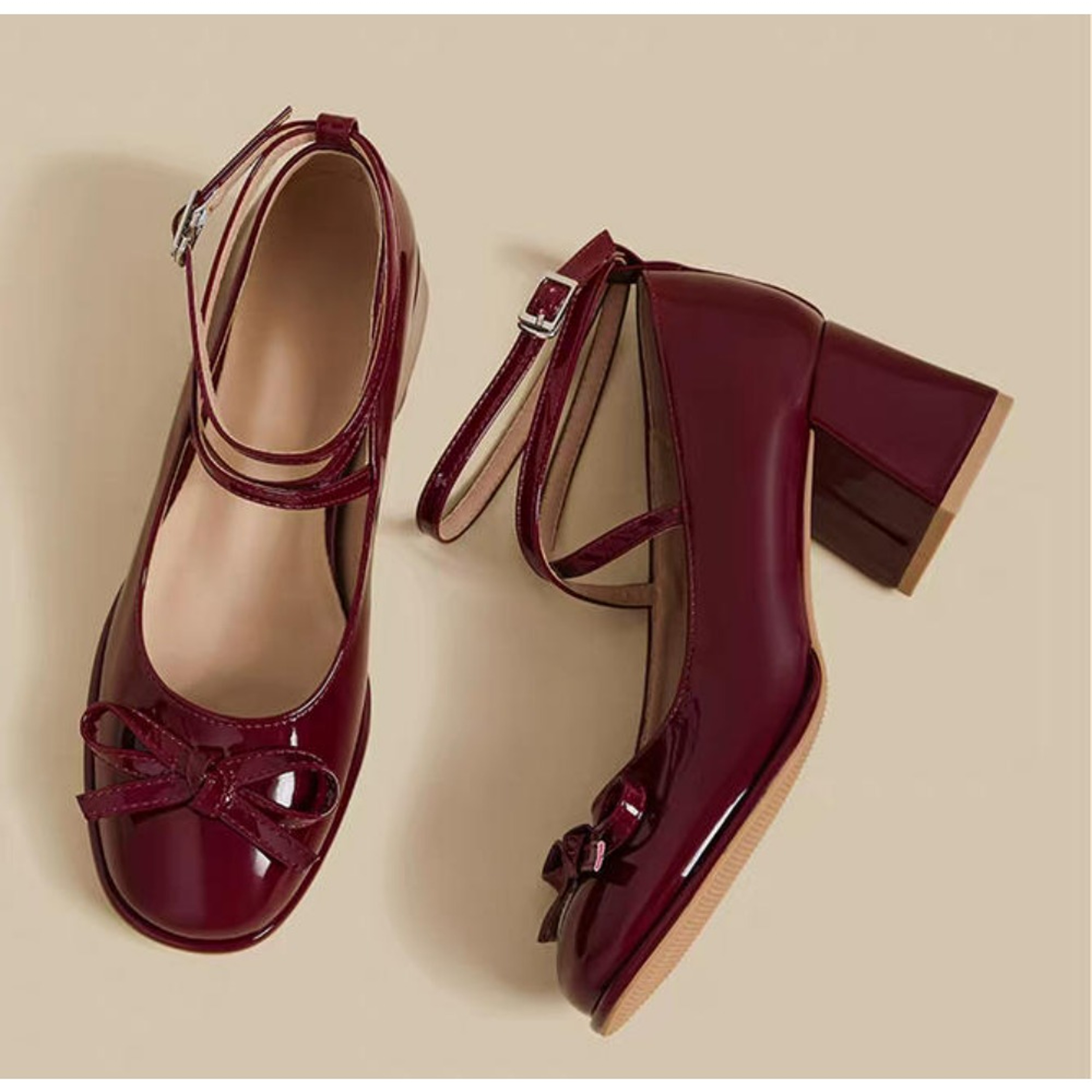 Red Mary Jane Women Pumps Thick High Heels Shoes Lolita Square Toe Leather Party Shoes 5