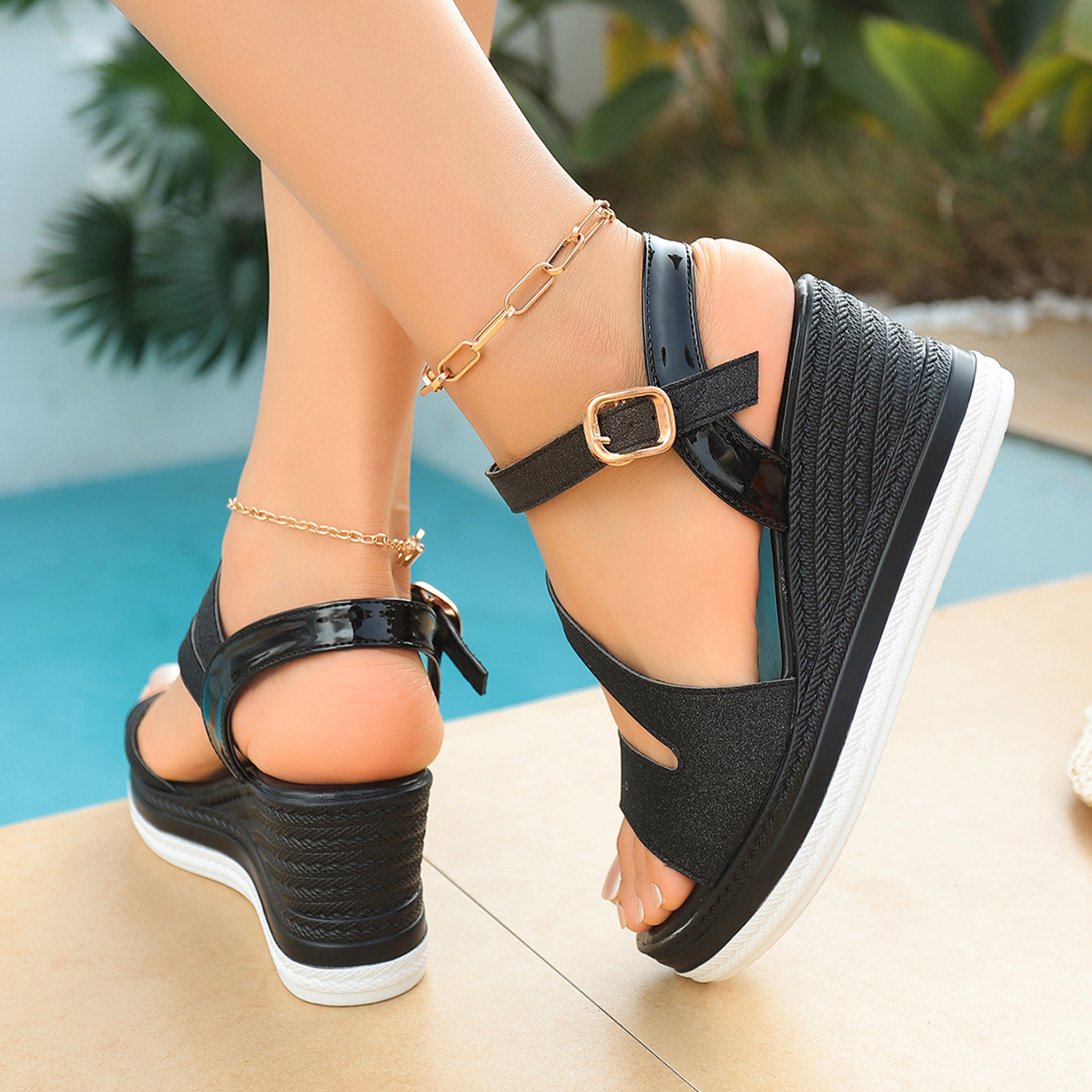 Crystal Ankle Buckle Wedges Sandals For Women Summer Chunky Platform Shoes Thick Sole NonSlip Wedge 3
