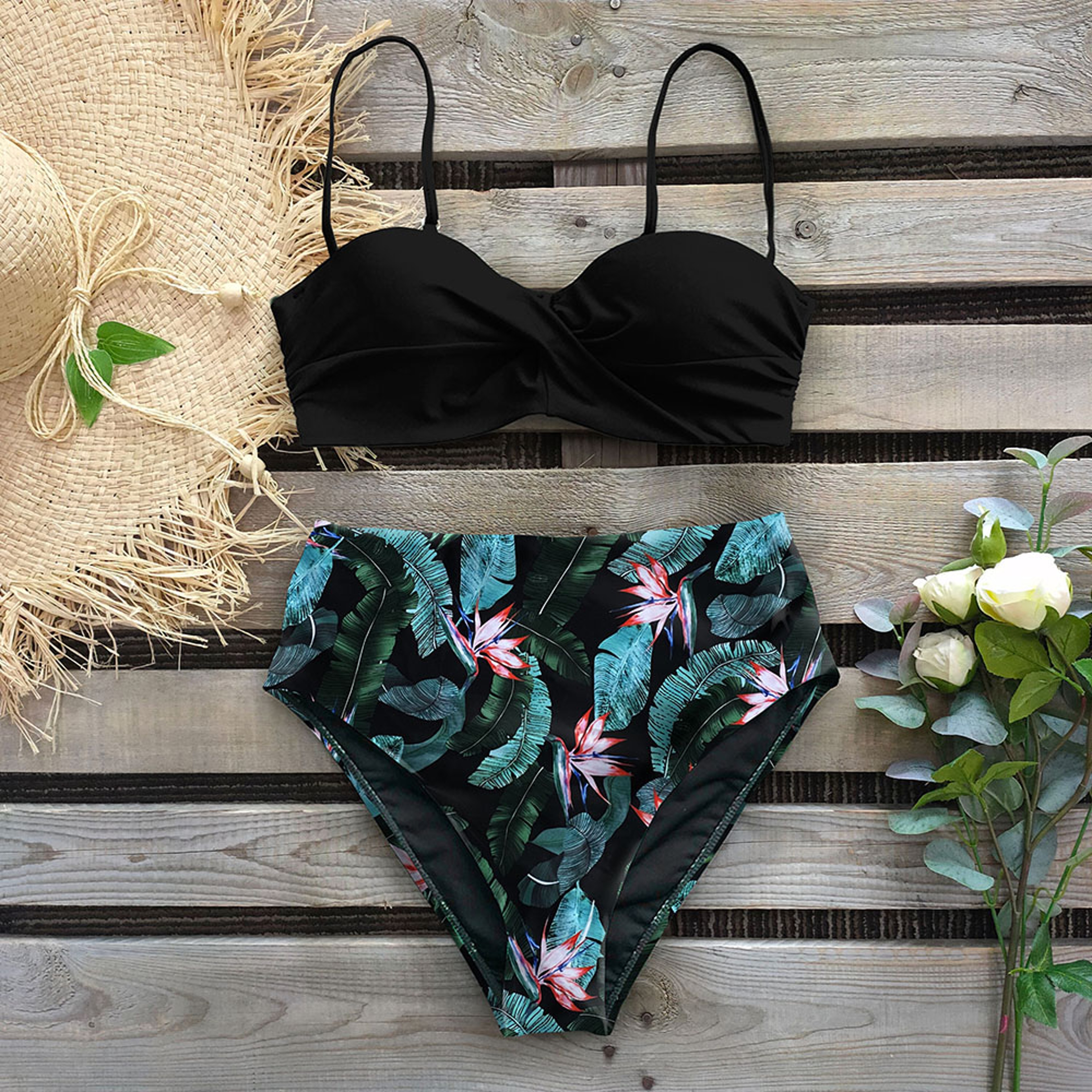 High Waist Bikini Set Women Sexy Bikini Flower Swimwear Vintage Halter Neck Swimsuit Deep Blue Bath