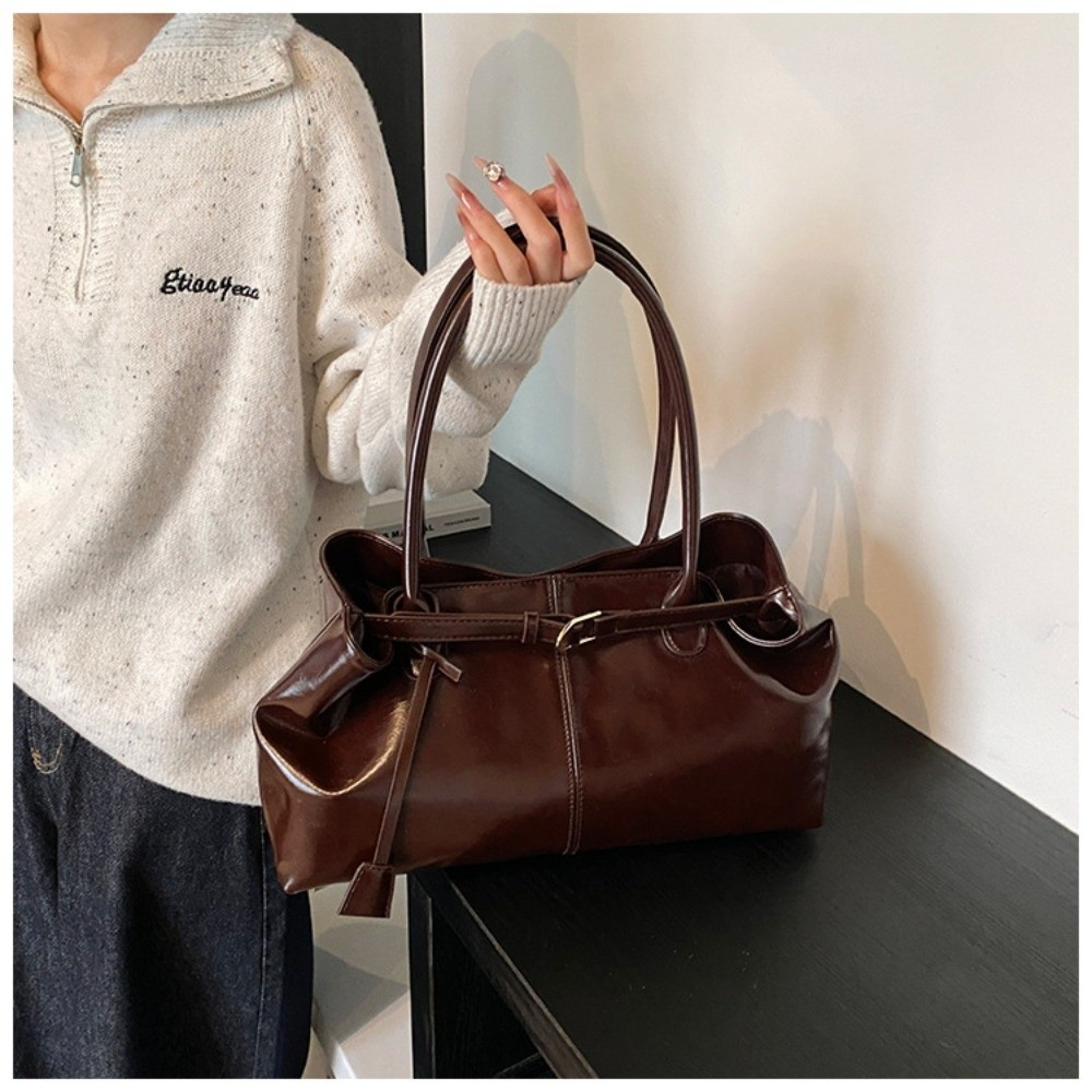 Fashion New Oil PU Leather Handbag Large Capacity Women Shoulder Bag Multifunctional Tote Underarm  8