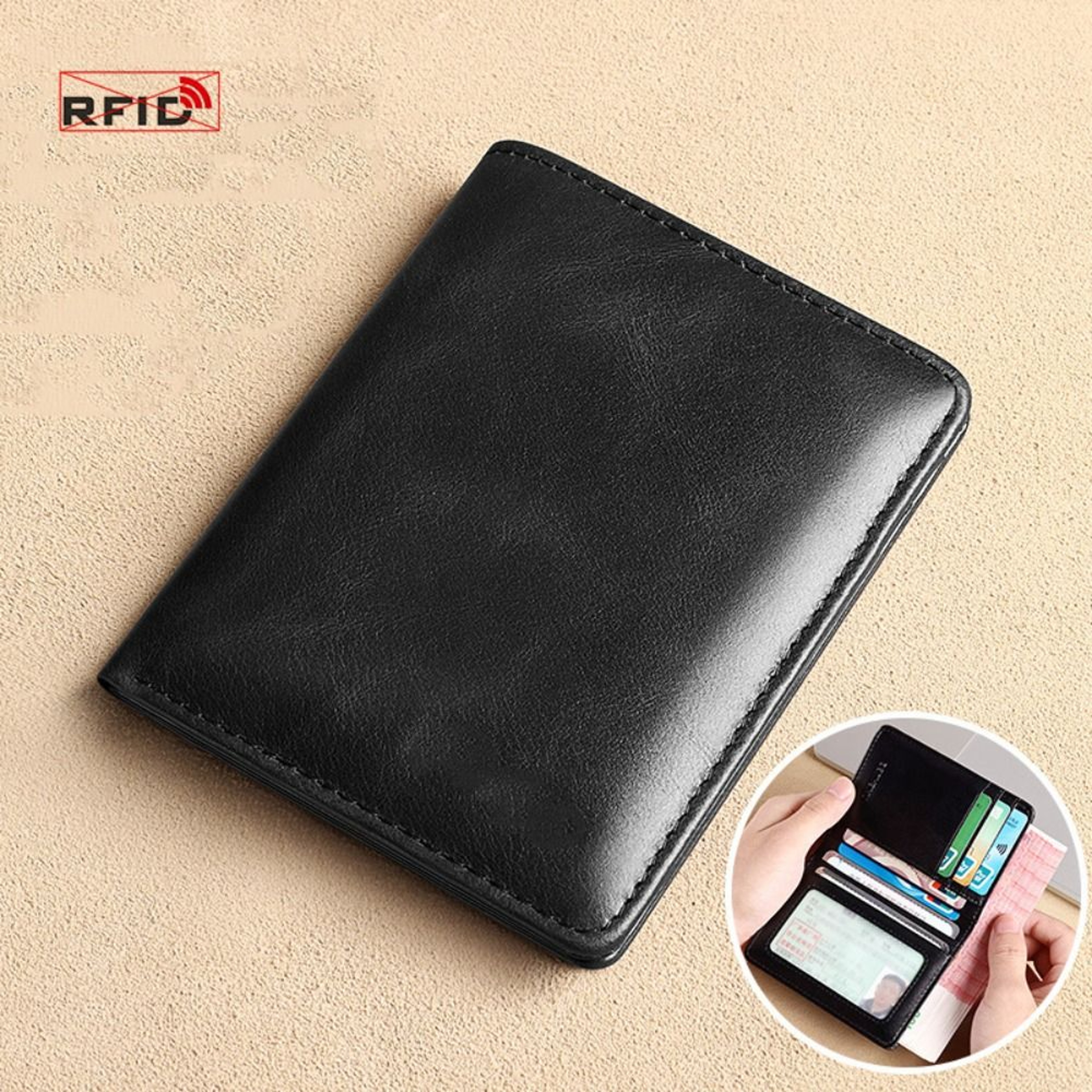 Vintage Leather Mini Wallets for Men, Fashion Black Khaki RFID Card Holder, Slim Money Clip Purse, Men's Wallet Bag – view 2